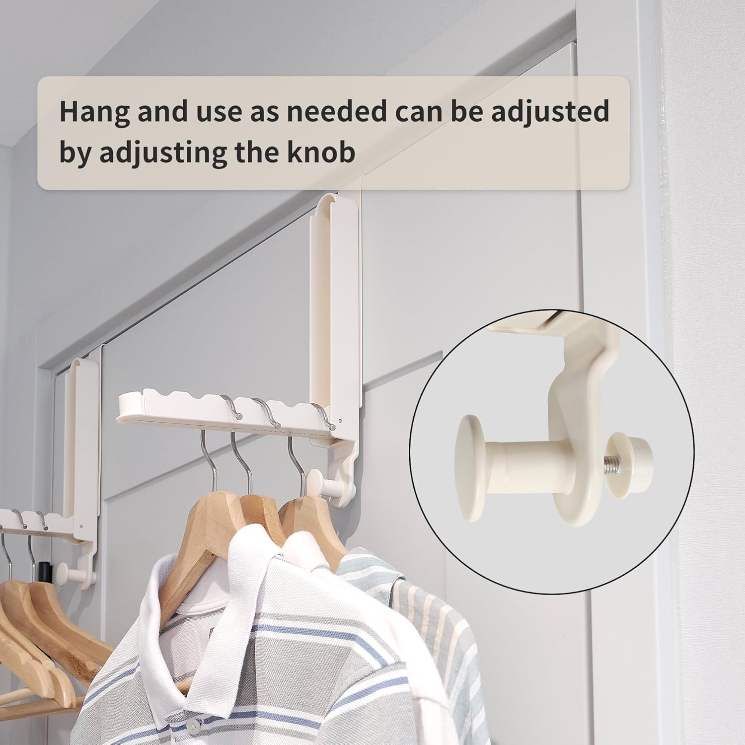 RFOUO Over The Door Hooks Hanger Fit Door up to 1 3/4" Optimal 2pc,Over The Door Hanger with Retractable Rod,Foldable Over The Door Drying Rack for Laundry Bathroom Bedroom (Milky White, 2 Pack)