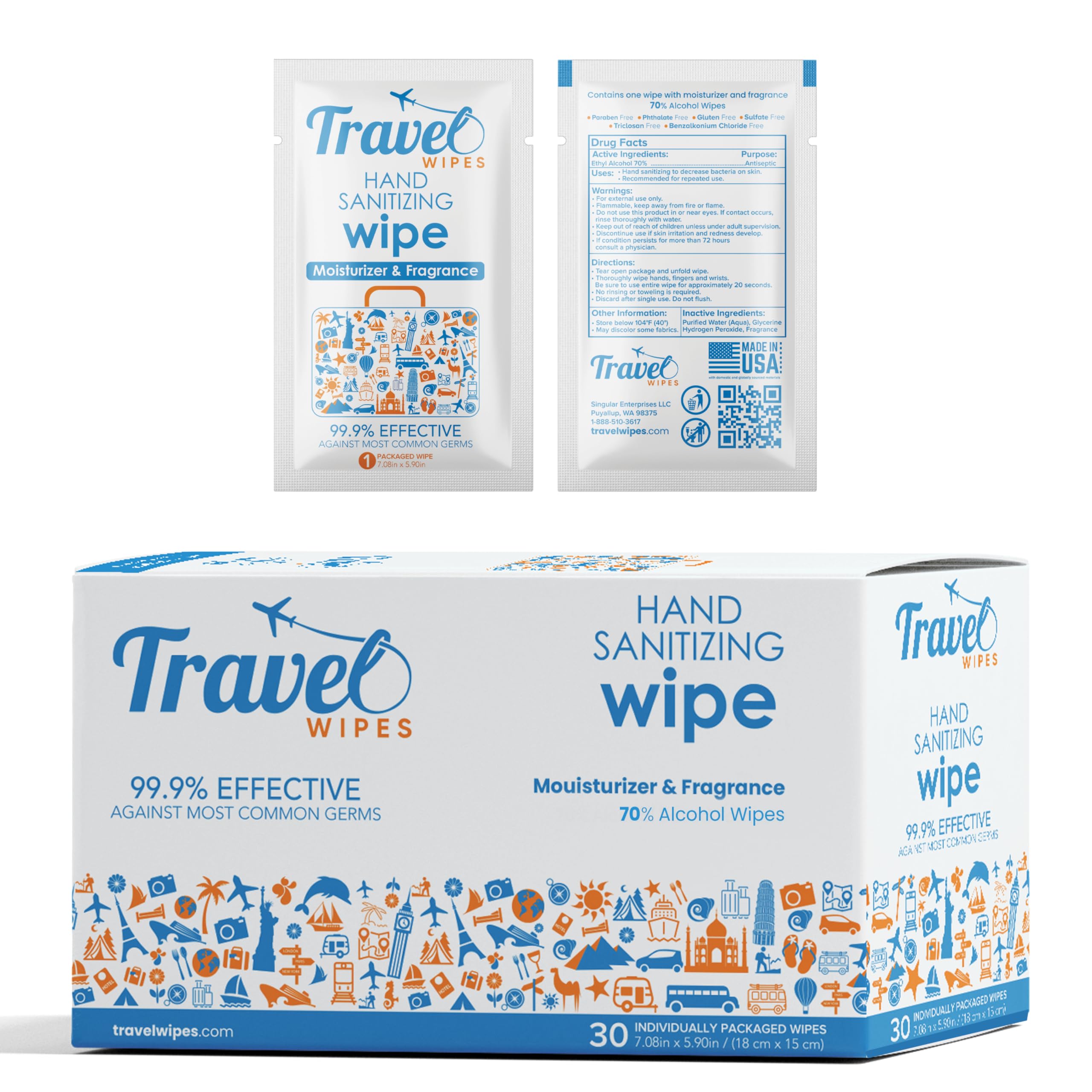 Hand Sanitizing Travel Wipes – 30ct Individually Wrapped | Fresh Citrus Scent, Moisturizing, 70% Alcohol Wipes | Travel, Home, Office, Daily Use |