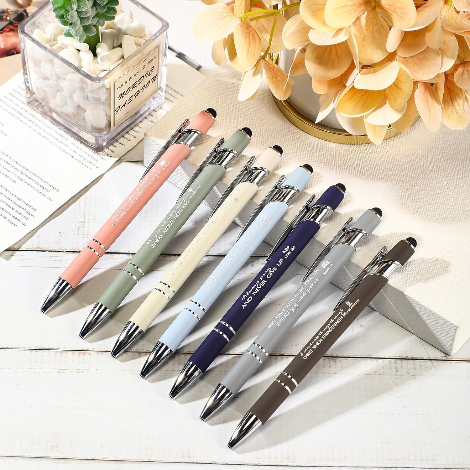 Fumete 42 Pcs Christian Gifts for Church Members Ballpoint Bulk Sunday Gift for Church Stylus with Inspirational Bible Verse Quote Touch Screen Sunday Baptism Party Favor, Ink(Mild Color)