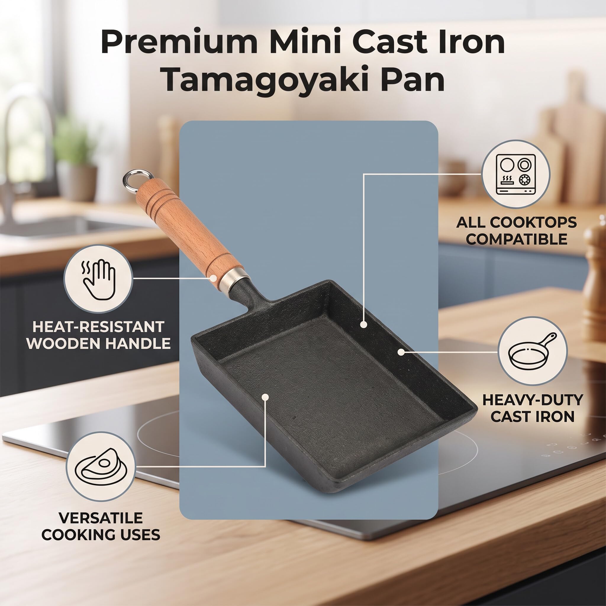 Cocoarm Padella Tamagoyaki in Ghisa con Manico in Legno, per Giapponese, Compatibile con Gas e Alogeno