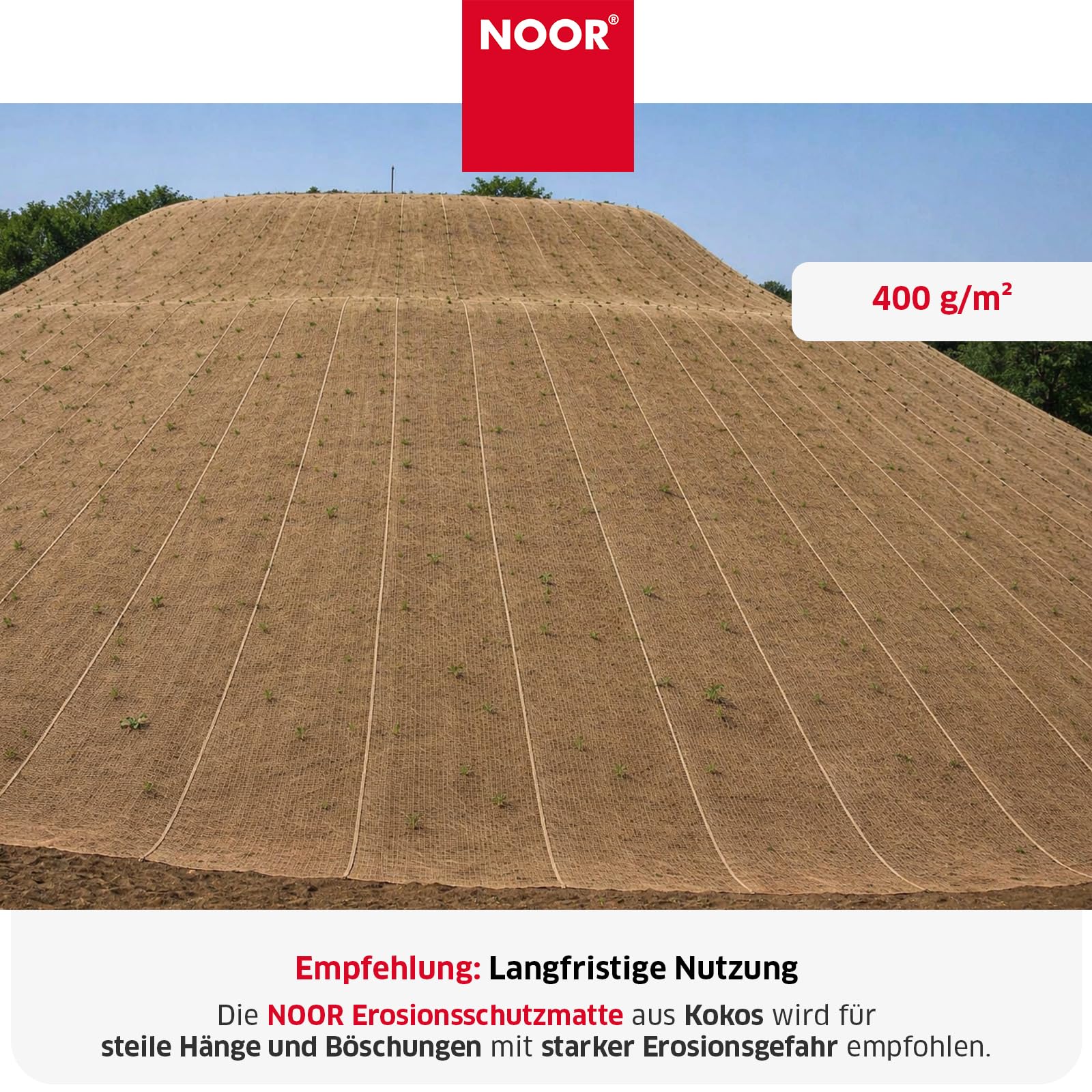 NOOR Kokos Böschungsmatte 1 m x 15 m - Erosionsschutz- & Ufermatte für Garten, Hang & Böschung - biologisch abbaubar & chemikalienfrei - Maschenweite ca. 3 x 3 cm - 400 g/m²