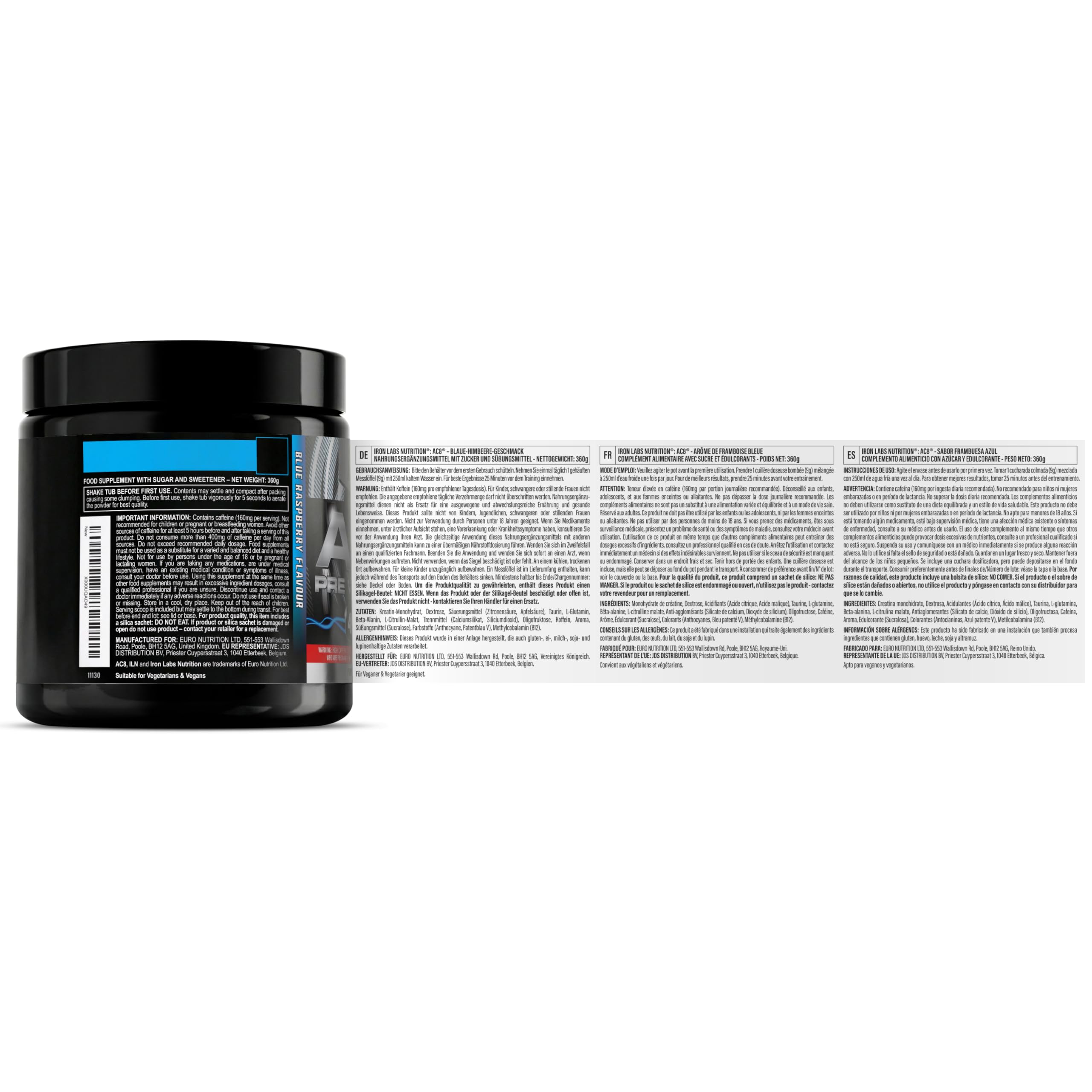 AC8 Pre Workout Blue Raspberry 360 g - preworkout potente con creatina, caffeina e vitamina B12 - fino a 6.660 mg per porzione - per uomini e donne