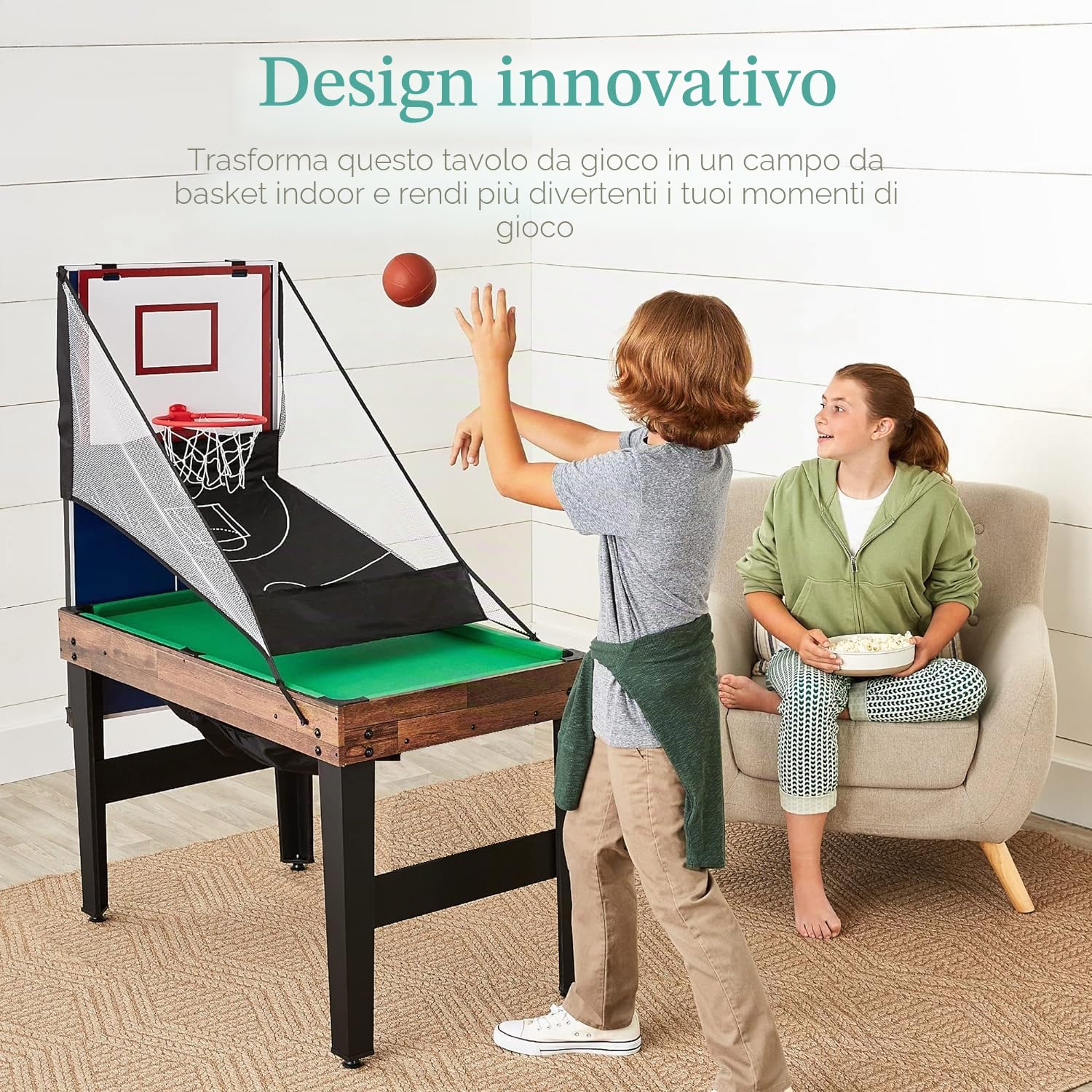 5 in 1 tavolo da multigioco, tavolo da gioco sportivo combinato per bambini tavolo da biliardo, biliardino, tavolo da ping pong, air hockey e pallacanestro con tutti gli accessori grande regalo