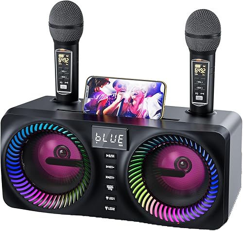 Máquina de karaoke para niños y adultos, altavoz Bluetooth portátil con 2 micrófonos inalámbricos UHF, sistema PA con ajuste de graveseco, 9 modos