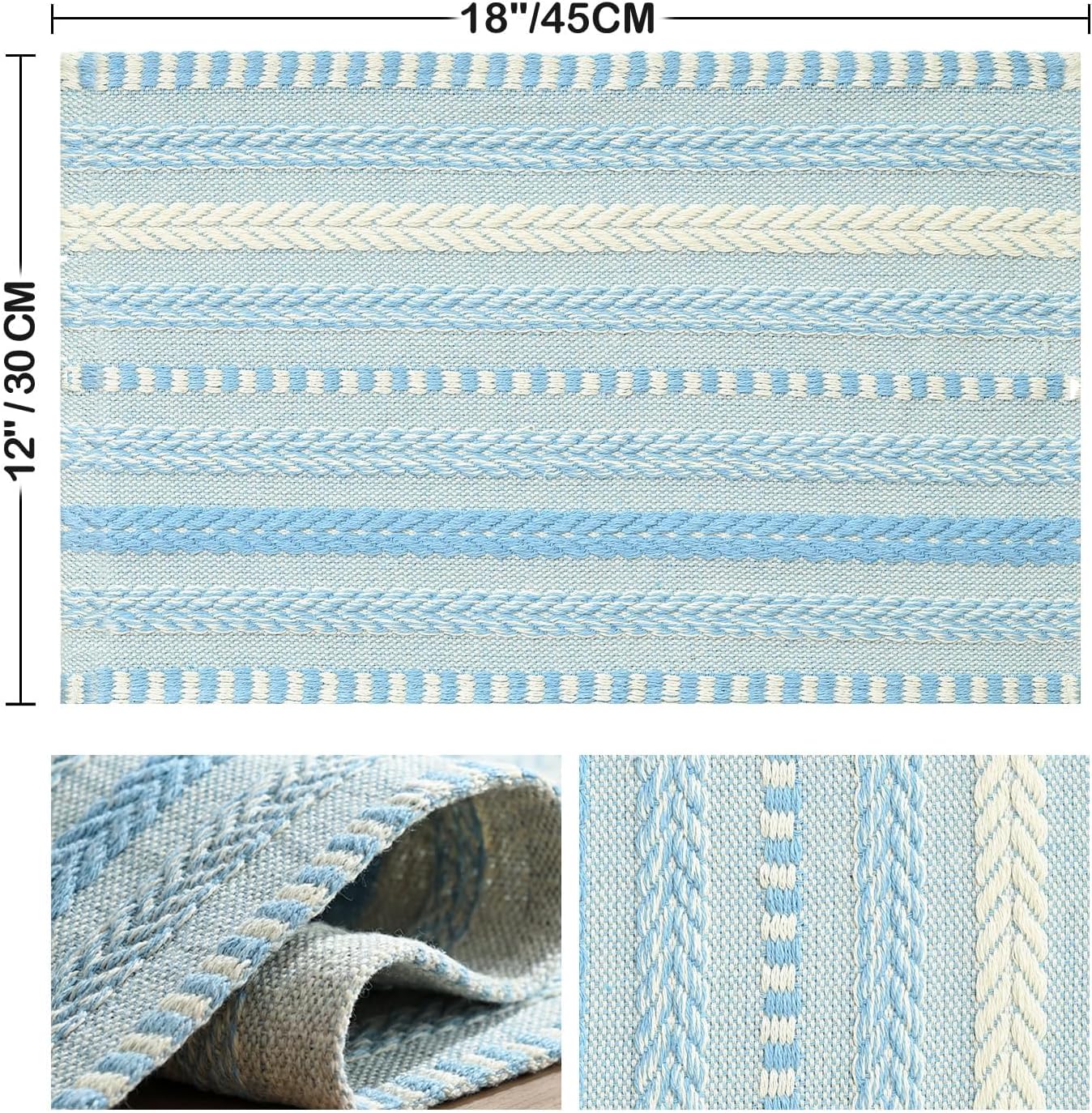 Artoid Mode Sky Blue Farmhouse Woven Braided Stripe Placemats Set of 6,12x18 Inch Seasonal Holiday Table Mats Party Kitchen Dining Decoration