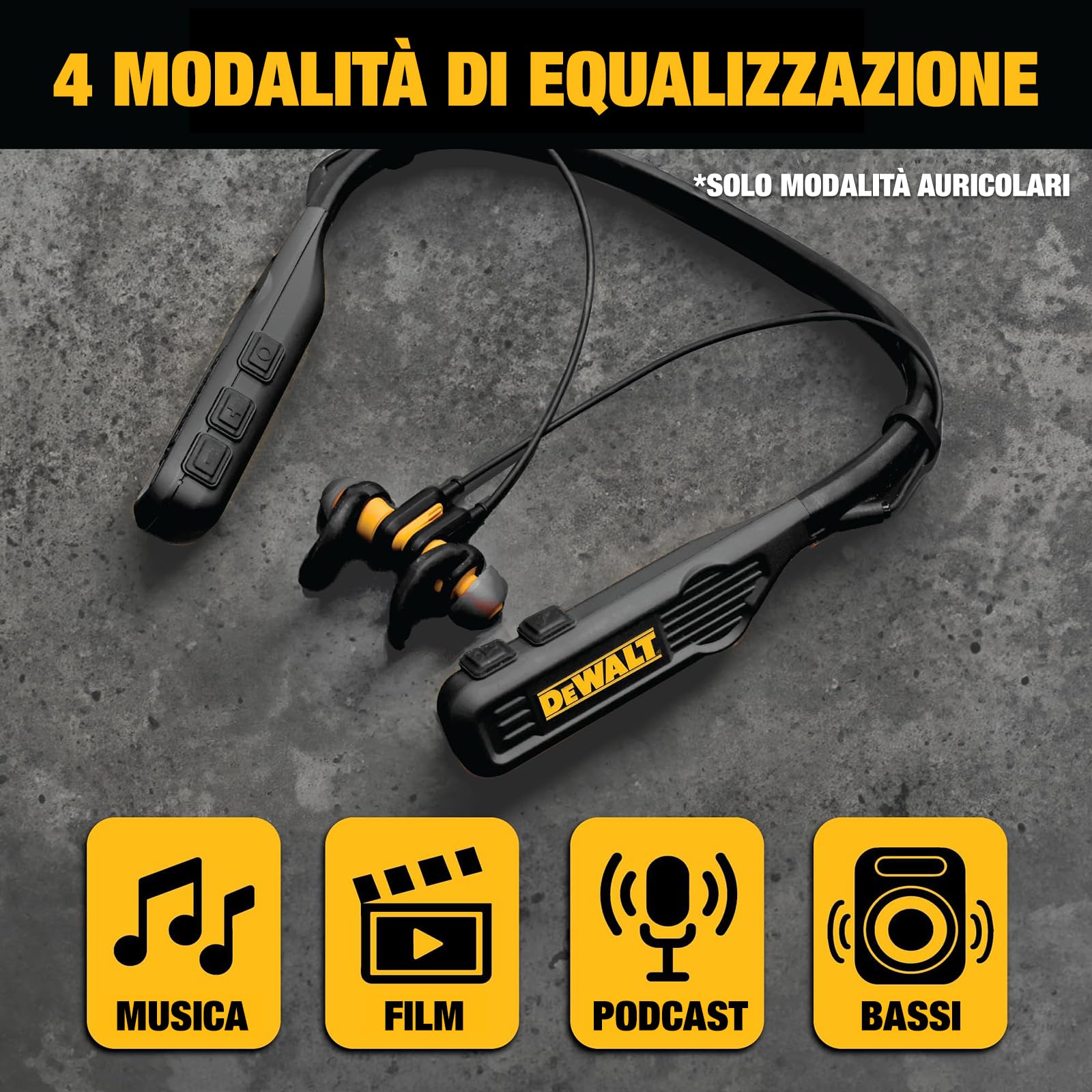 DEWALT Cuffie Bluetooth Neckband 2-in-1 Heavy Duty, Auricolari Wireless con Altoparlanti Integrati, 60+ Ore Autonomia Microfono HD, IP56 Impermeabili, Ideali per Cantiere, Officina e Outdoor Nero