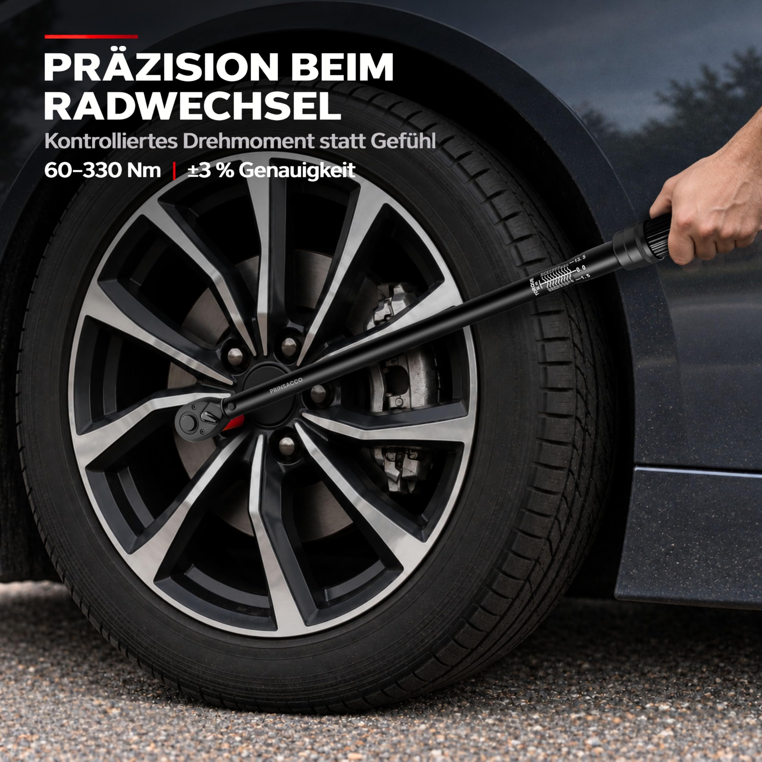 Drehmomentschlüssel 1/2 Zoll 60–330 Nm Vollmetall, ±3% Genauigkeit, 72-Zahn-Ratsche, ISO-6789-Kalibrierzertifikat, 3 Felgenschonnüsse & 125-mm-Verlängerung
