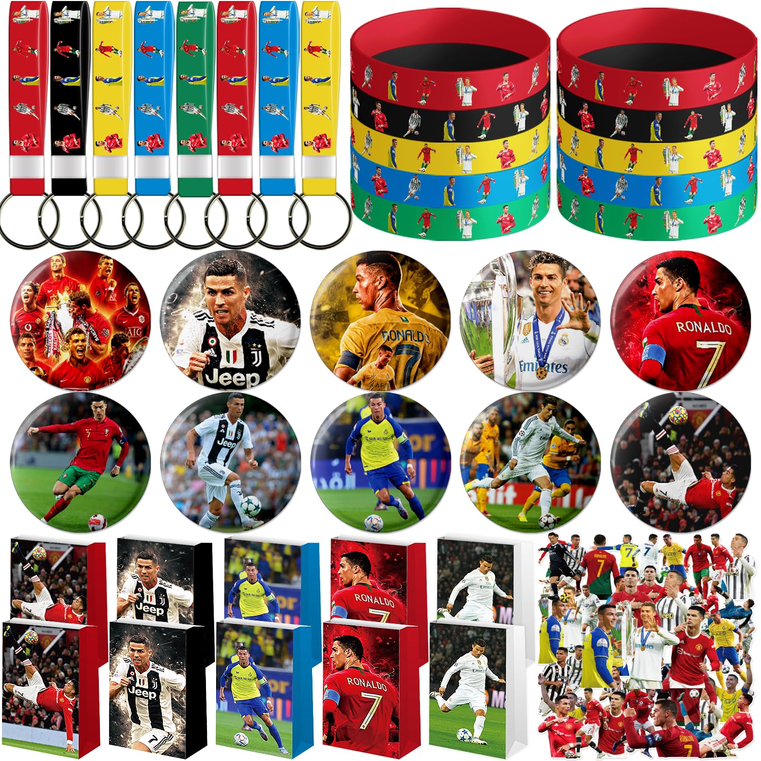 Singult 90pcs Party Supplies include 10 Bracelets, 10 Key chain, 10 Badges, 10 Paper Bags, and 50 Stickers, Birthday Party Decorations