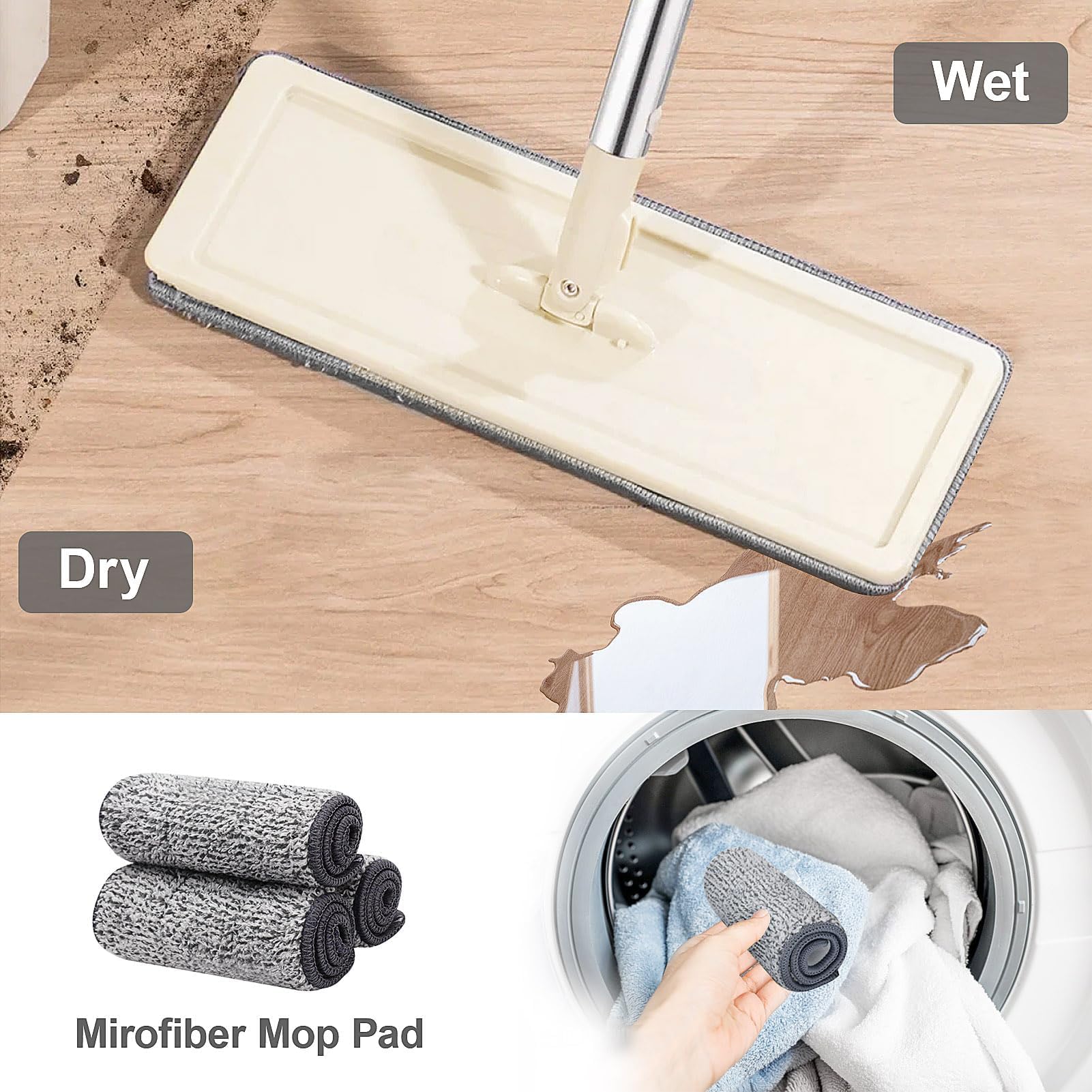 Wischmopp Set mit Eimer – Flacher Bodenwischer mit Auswringfunktion, 2-Kammer Putzeimer System, Edelstahl Teleskopstiel, inkl. 3/4/7/10 Waschbare (4-PC Flat Mop Set)