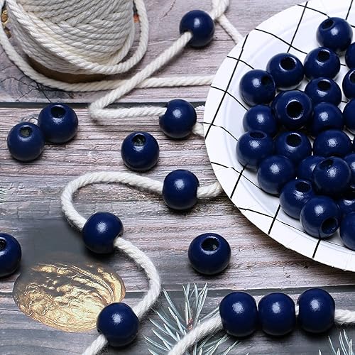 Miniatura 4 de 50 cuentas de macramé de madera azul de 0.787 in con agujero grande de 0.315 pulgadas, cuentas espaciadoras de madera, bolas redondas naturales de