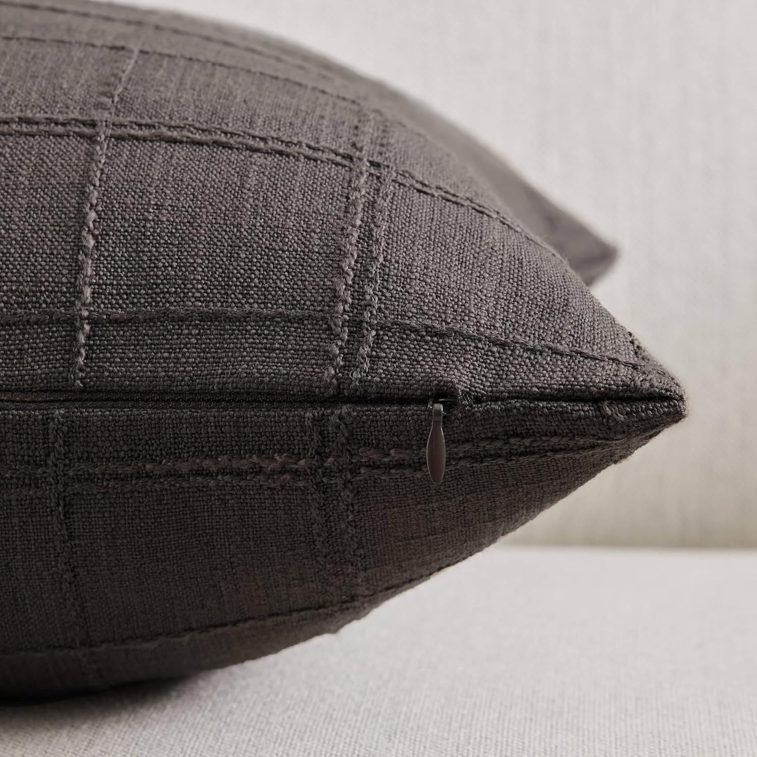 ZeeMart Linen Checked Throw Pillow Covers Set of 2, 24x24 Inch Allover Grid Charcoal, Farmhouse Decorative Double Sided Grid Embroidered Couch Pillow Cases Grey Cotton Linen Cushion Covers