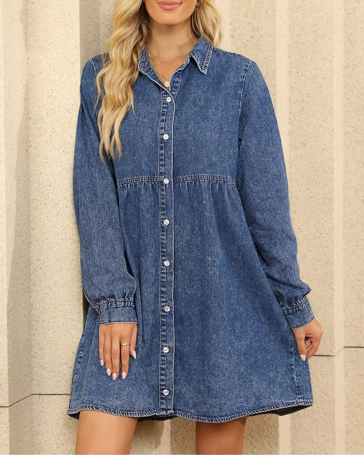 LookbookStore Long Sleeve Denim Dress for Women Jean Dress Button Down Casual Babydoll Denim Shirt Dress - Image 4