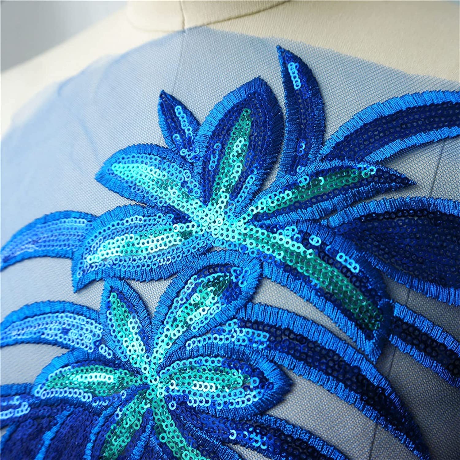 Toppe ricamate, ricami con paillettes in pizzo, applicazioni su colletti, toppe, abiti, fai da te, toppe decorative, fiori, blu, con paillettes, foglie, fiori, tessuto, ricamo, abito da sposa, appliqu