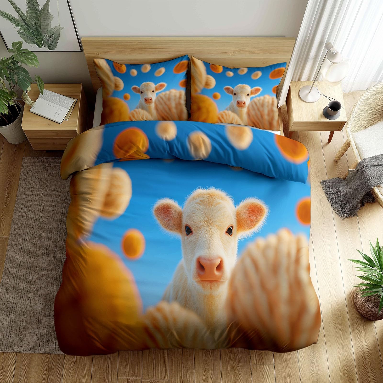Housse de couette hypoallergénique bleu ciel 90x190 avec taies d'oreiller vaches