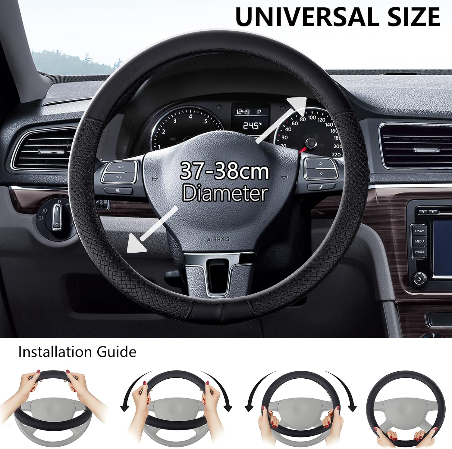 Universal Black Steering Wheel Cover 37-38 cm, Microfibre Leather Cover Steering Wheel Covers Breathable Non-Slip Steering Wheel Accessories for Men and Women image 4