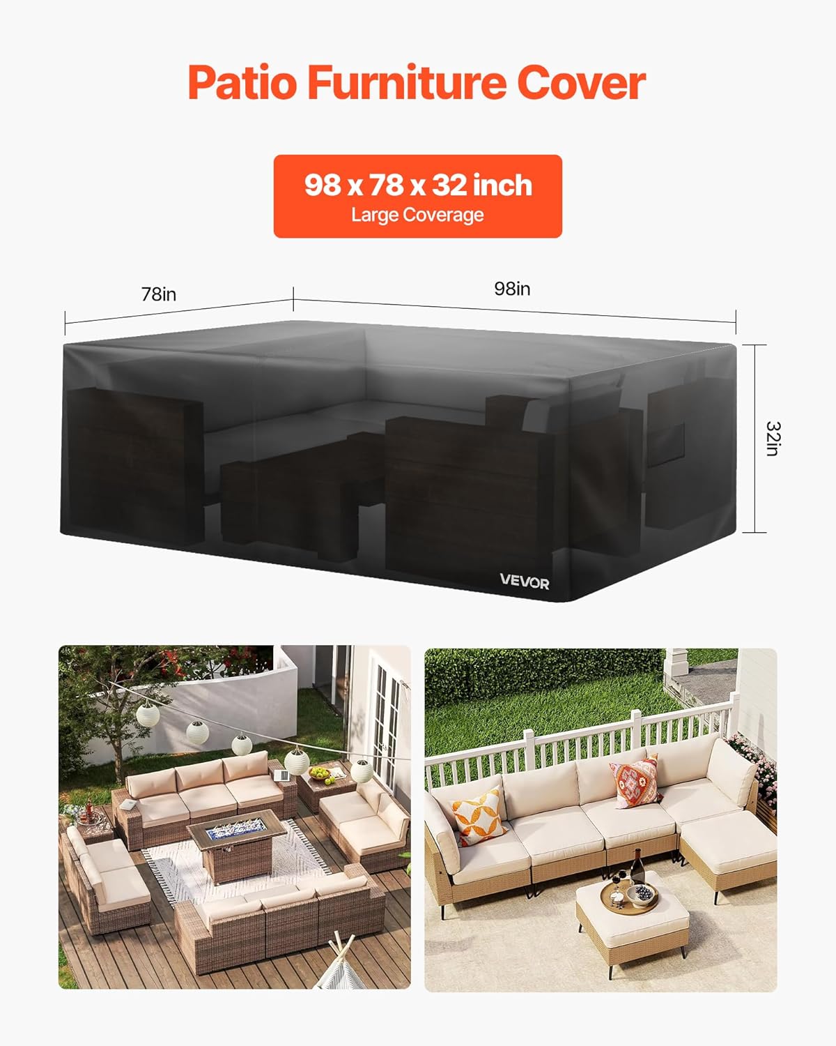 VEVOR Patio Furniture Cover, 420D Heavy Duty Waterproof Outdoor Dining Table and Chairs Cover, Large Rectangular Patio Table Covers with Air Vent for All Weather, 98L x 78W x 32H inch, Black