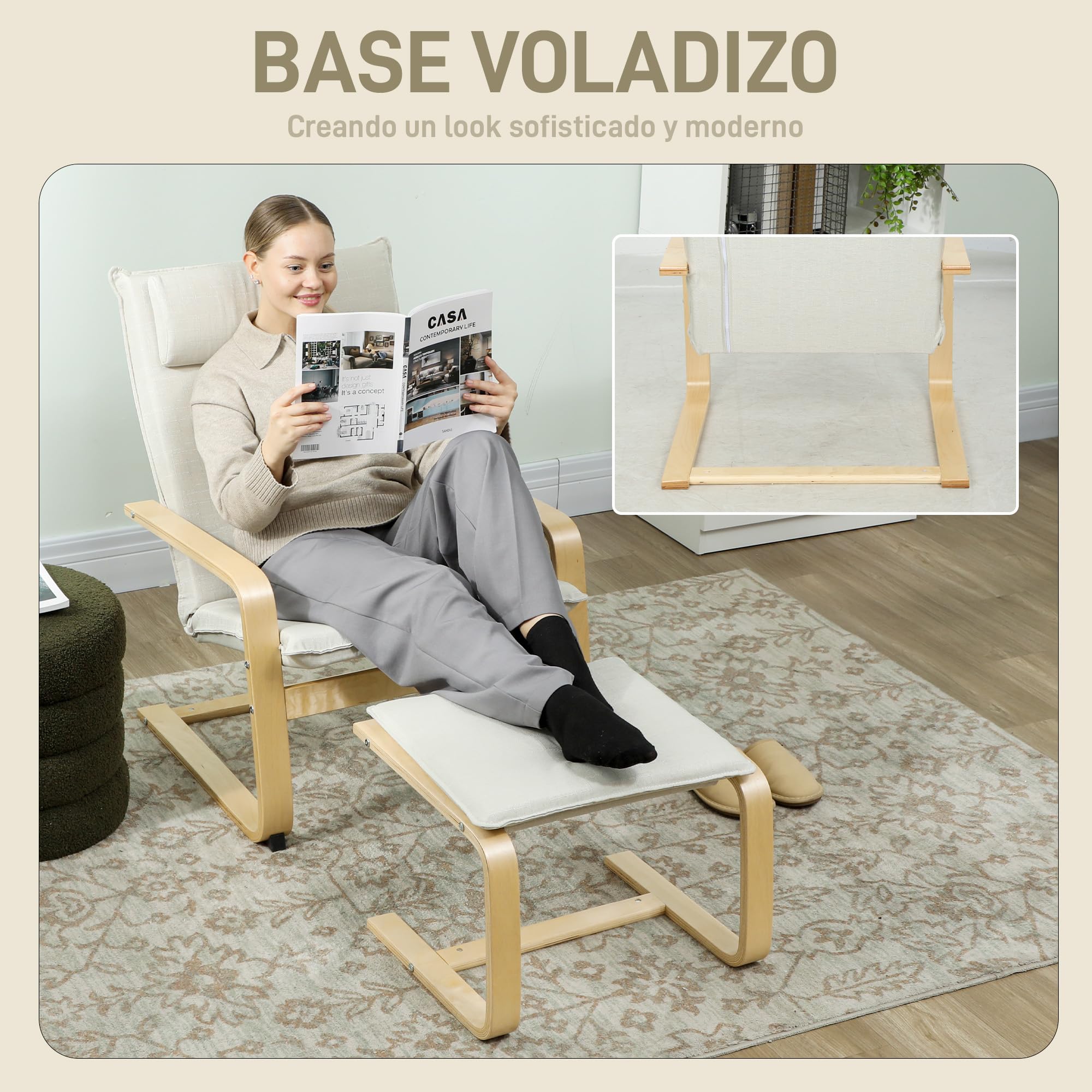 HOMCOM Sillón con Reposapiés Sillón Lectura con Respaldo Alto Reposacabezas Extraíble Patas de Madera y Tapizado en Lino Butaca para Salón Dormitorio Oficina Crema