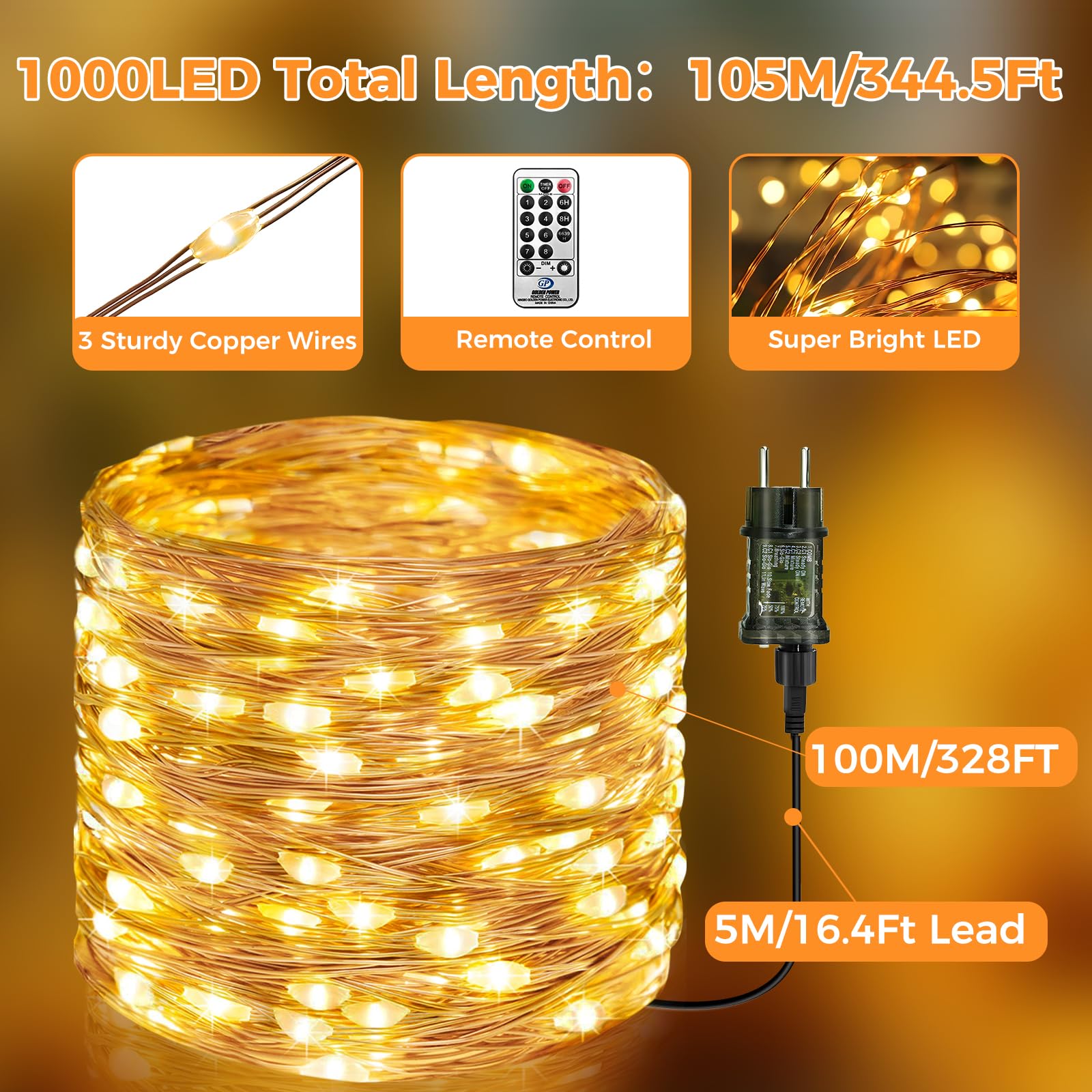 btfarm Guirnalda luminosa para interiores con mando a distancia, 50 + 5 m, 500 LED, guirnalda para exteriores con temporizador IP65 impermeable, 8 modos, alambre de cobre, luces de hadas para