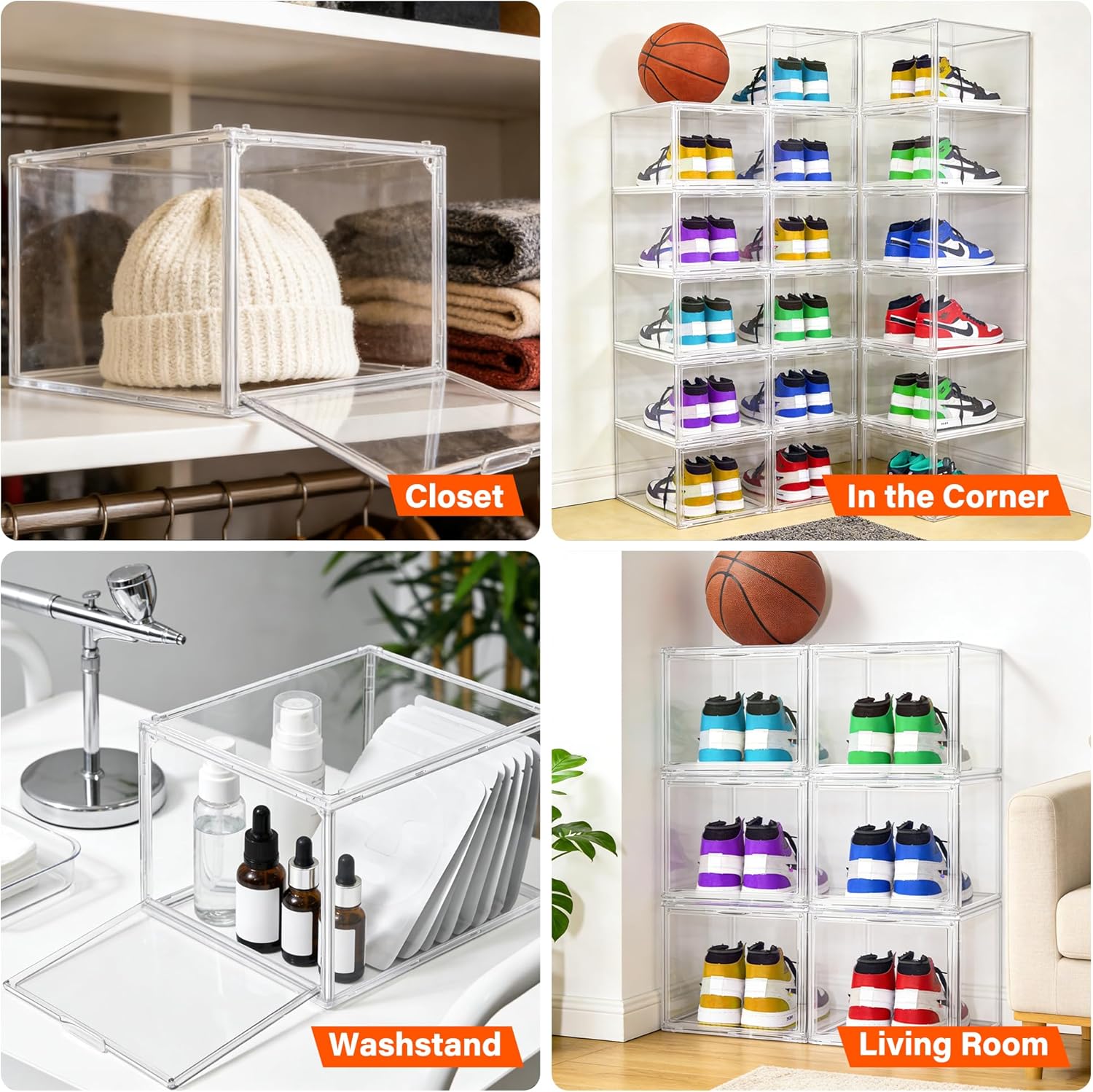 2 Pack Drop Front Shoe Boxes Fit US Size 13, Acrylic Shoe Organizer Clear Stackable Sneaker Sotrage Box for Entryway, Home, Underbed, Multiple Display Cases for Cosmetic, Hats, Figures, Sneakers