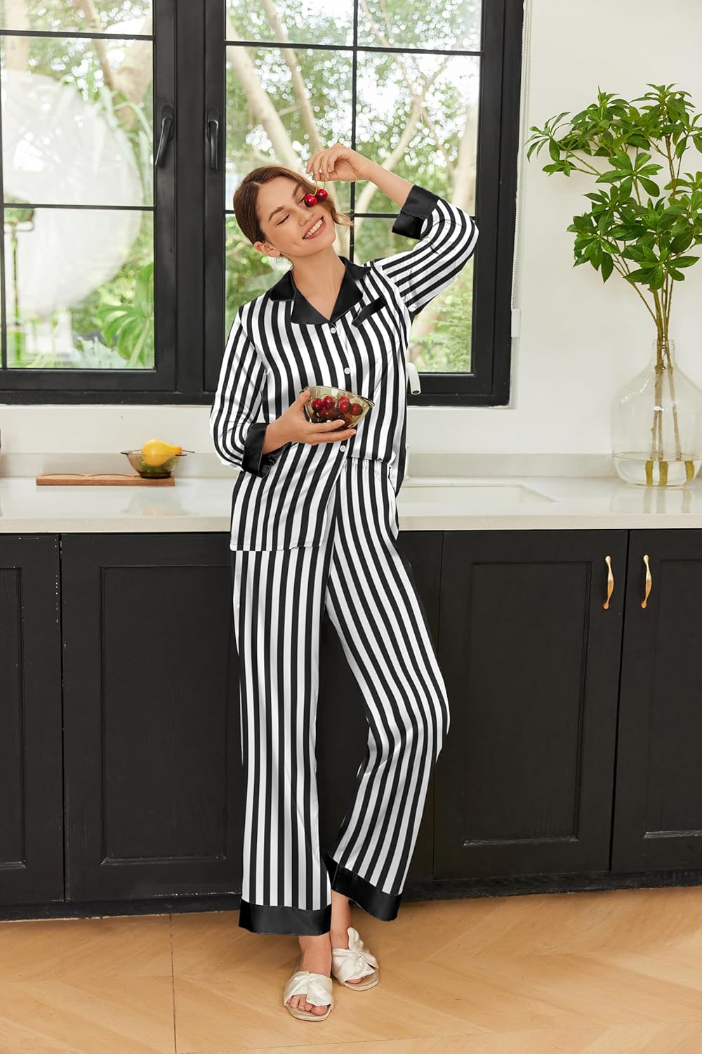 Ekouaer Silk Pajamas for Women Long Sleeve Satin Pajama Set Silky Pj Sets 2 Piece Button Down Loungewear Sleepwear - Image 3