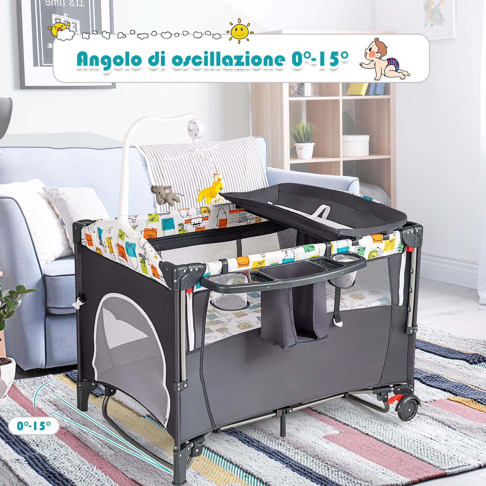 COSTWAY 5 in 1 Lettino da Campeggio per Bambini, Lettino con Materasso per Neonato, Culla da Viaggio con Fasciatoio, Altezza Regolabile, Ruote con Freno, per Bambini 0-36 Mesi (Grigio)