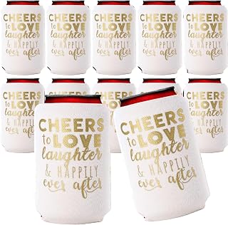 Wedding Can Cooler Decorations Set of 12 - Cheers to Love Laughter and Happily Ever After, Wedding Rehearsal Dinner Decorations - Bridal Showers, Engagement Party Favors for Guests and Supplies