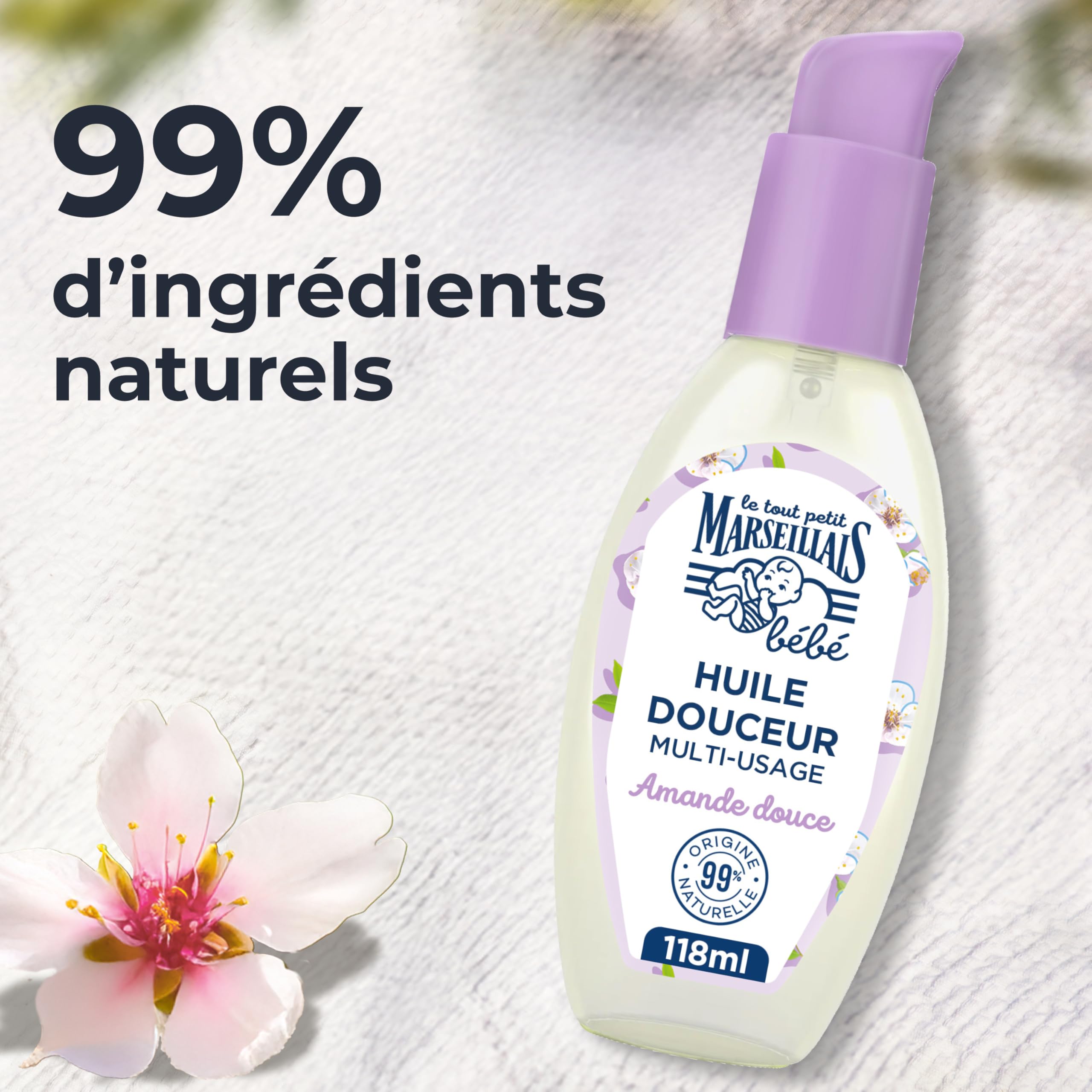 Le Tout Petit Marseillais Bébé – Huile de Douceur Amande Douce (118 mL) – Massage, bain, corps et cheveux – Respectueux des peaux sensibles dès la naissance