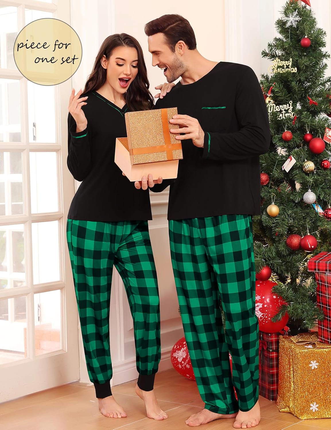 SWOMOG Couples Pajama Set Long Sleeve and Plaid Pants with Pockets Pjs Soft Sleepwear Lounge Set - Image 3