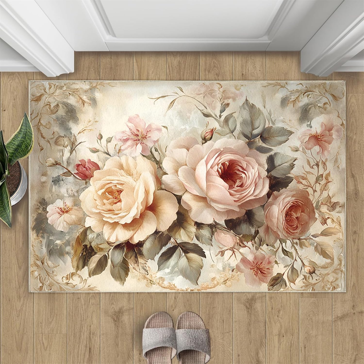 2x3 Rug Vintage Roses Small Rugs for Bedroom Classic Peonies Rug Floral Oil Painting Area Rug Non Slip Printed Low-Pile Indoor Floor Carpet for Home Decor