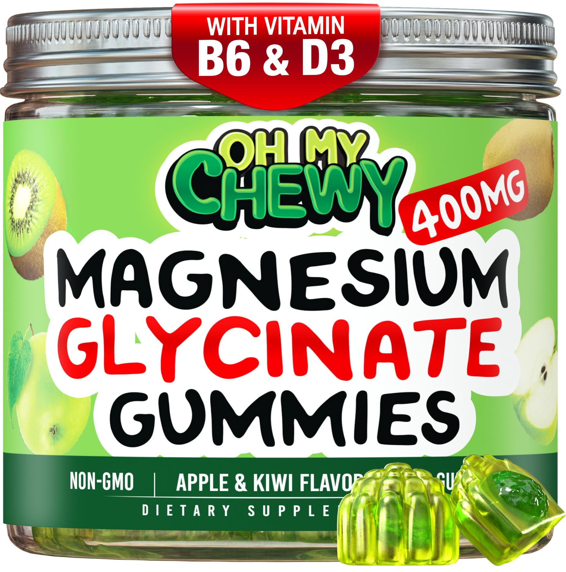 Center-Filled Magnesium Glycinate Gummies 400MG - High Absorption for Kids, Teens & Adults - Supplement for Sleep, Calm & Muscle Relaxation with B6 & D3 - Gluten Free & Vegan Friendly - 60 Count
