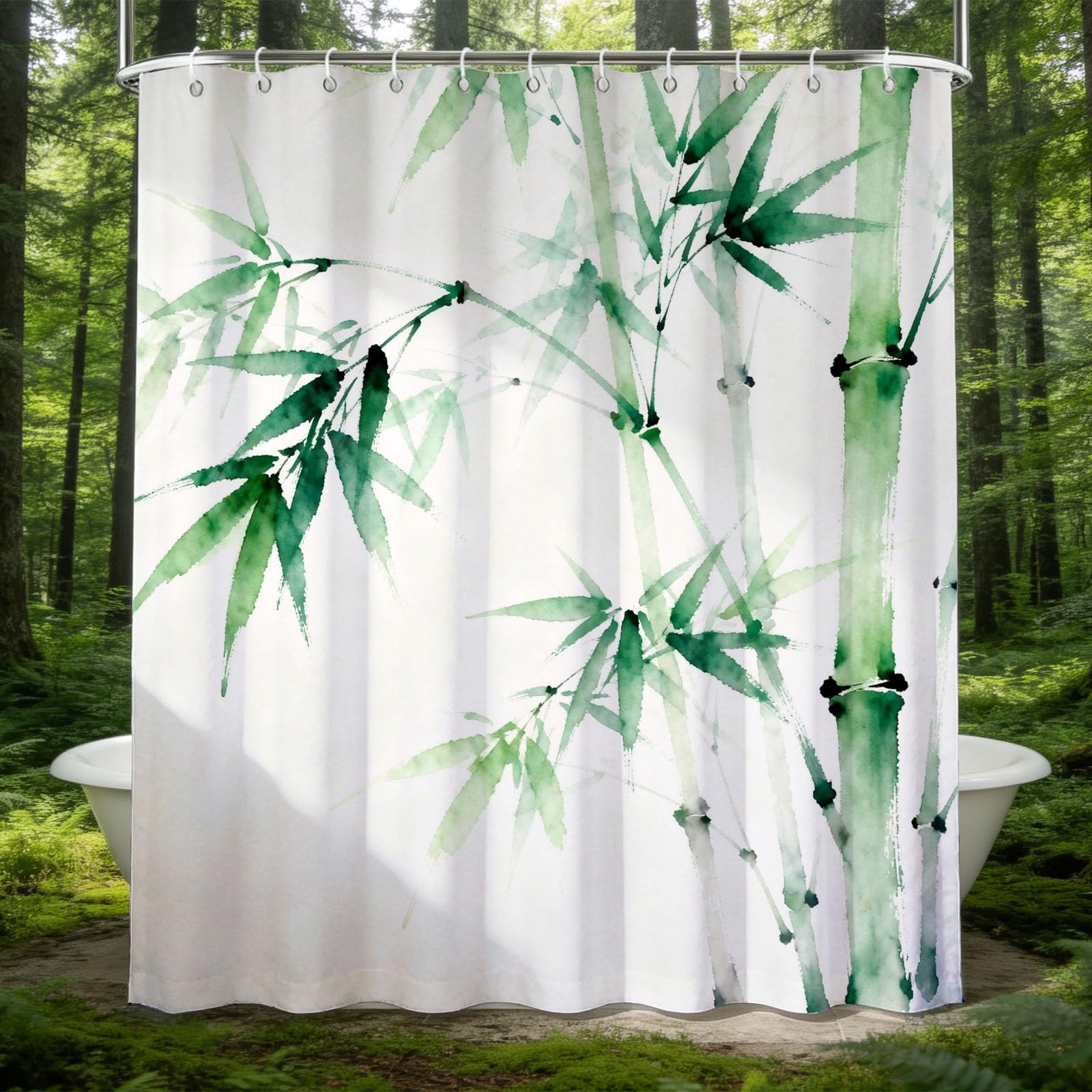 Hongduo 3D Watercolor Bamboo Shower Curtain for Stalls Bathtubs Zen Style Bathroom Decor Shower Curtain Set Polyester Fabric Waterproof 120x180cm/48X71 Inch with Hooks