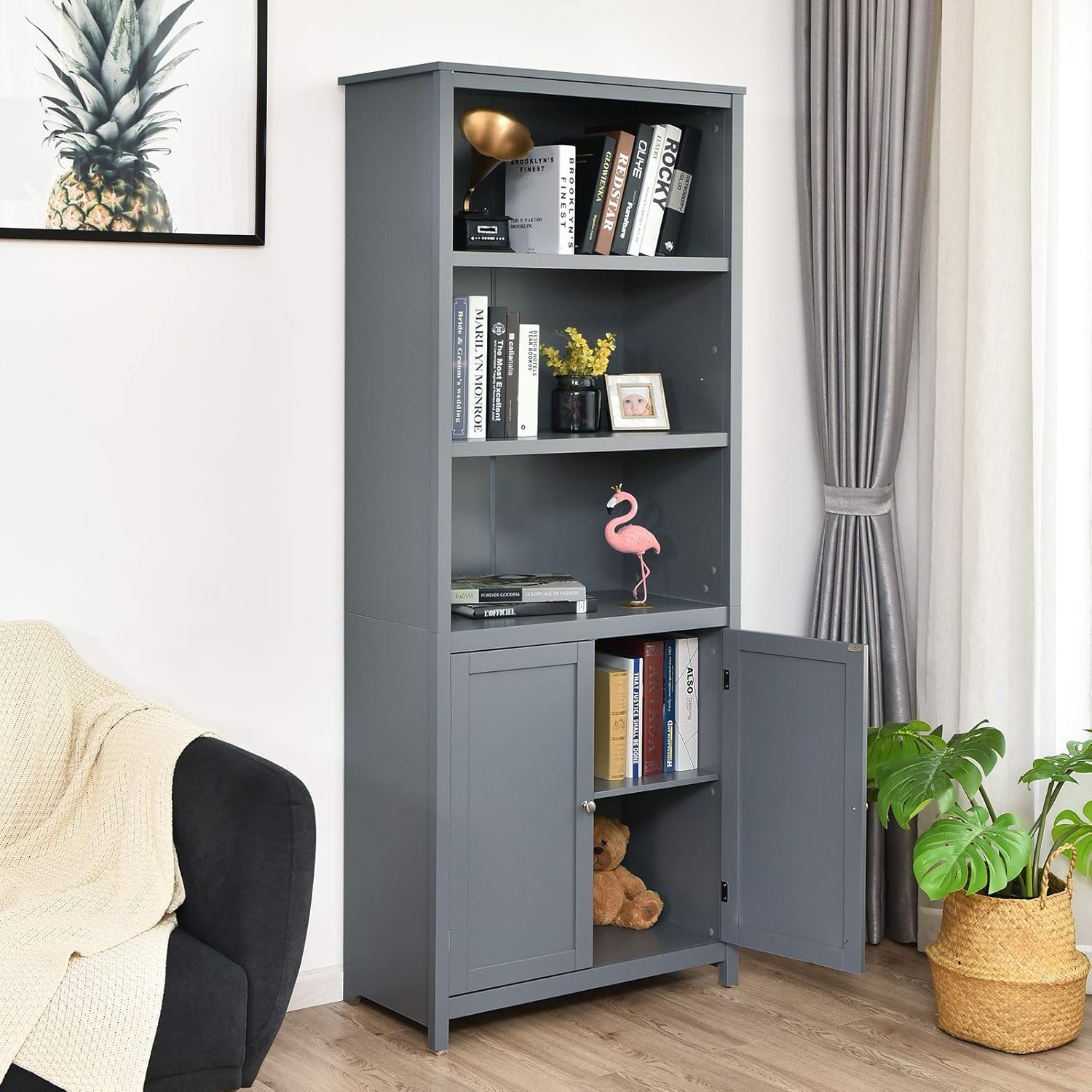 Tangkula bookcase with doors open, showing items stored inside