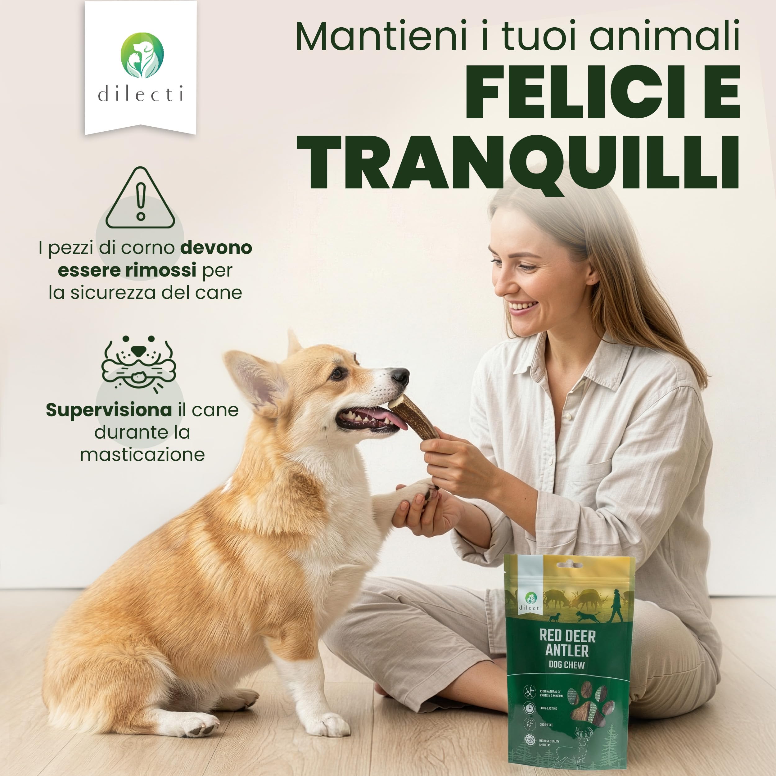 Osso di Cervo da Masticare per Cani - Corno di Cervo Naturale, Lunga Durata, Igiene Dentale - Spaccate L (3 Pezzi)