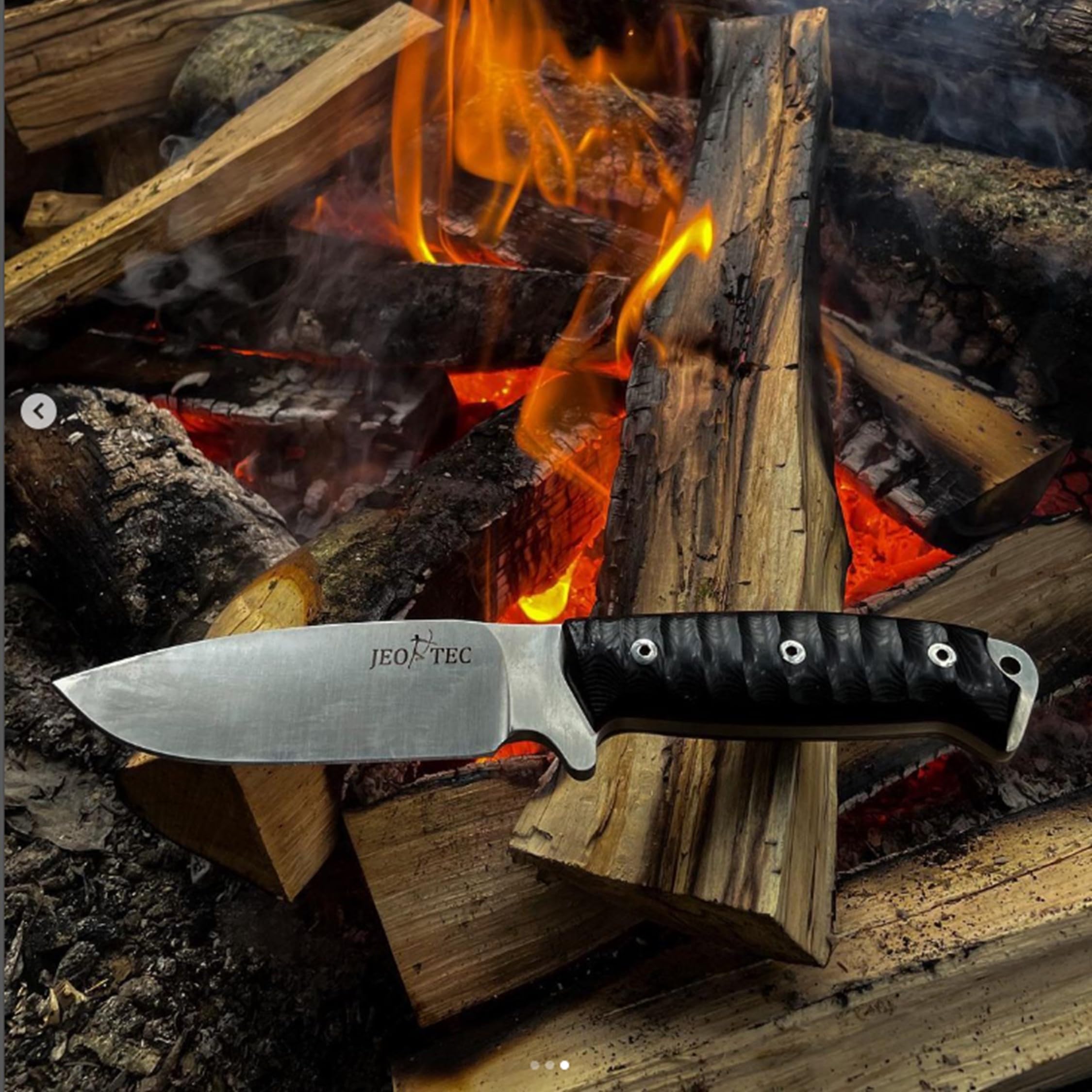 JEO-TEC Nº1 Cuchillo supervivencia caza monte bushcraft camping outdoor campo - Funda de piel con pedernal y piedra de afilar incluidos - Acero BÖHLER N690C - Fabricado en España