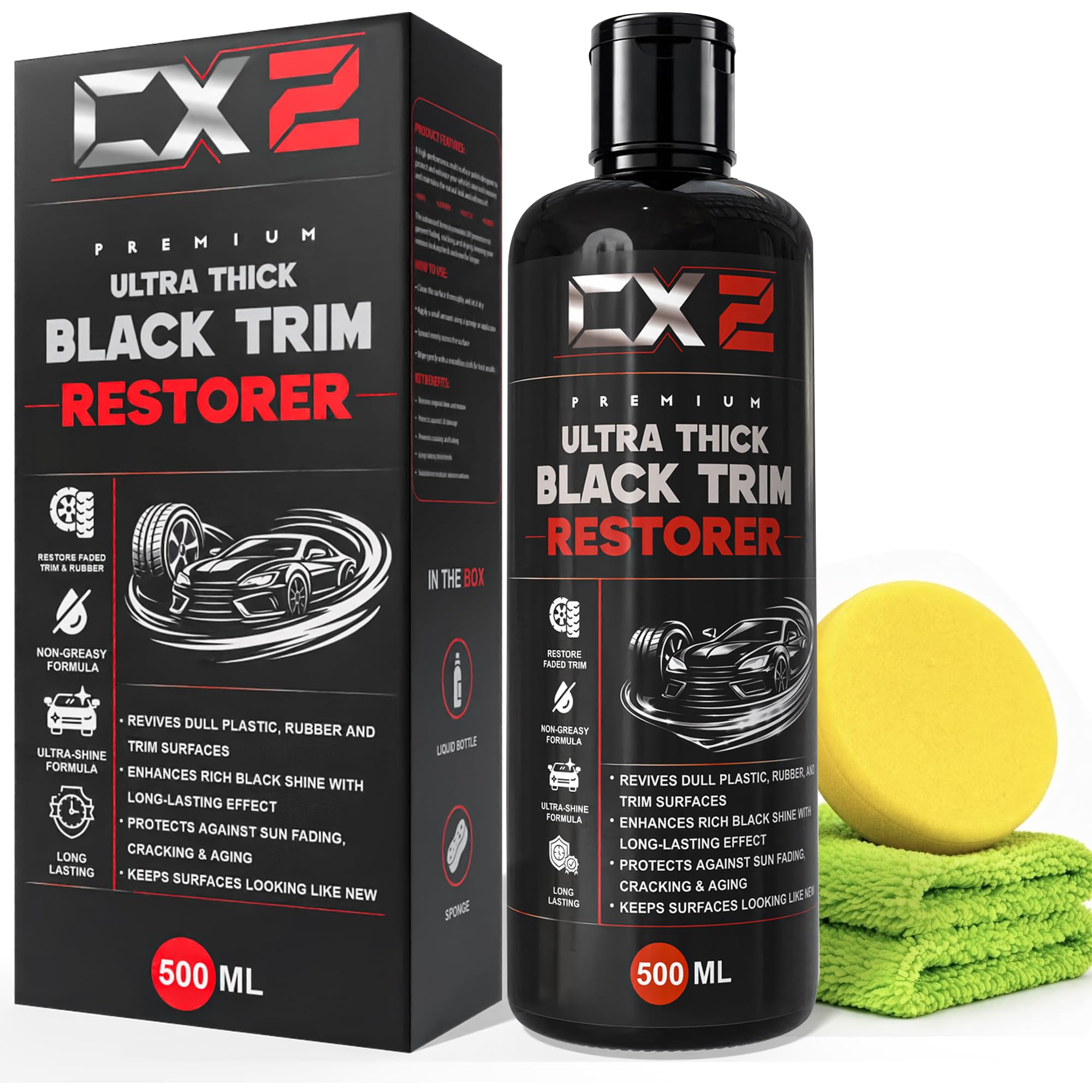 CX2 Black Plastic Reborn | 500ml Plastic & Rubber Restorer | Revives Faded Exterior Trim & Bumpers | Long-Lasting UV Protection | Wash Resistant for Car, Bike, Scooty with Microfiber Cloth and Sponge