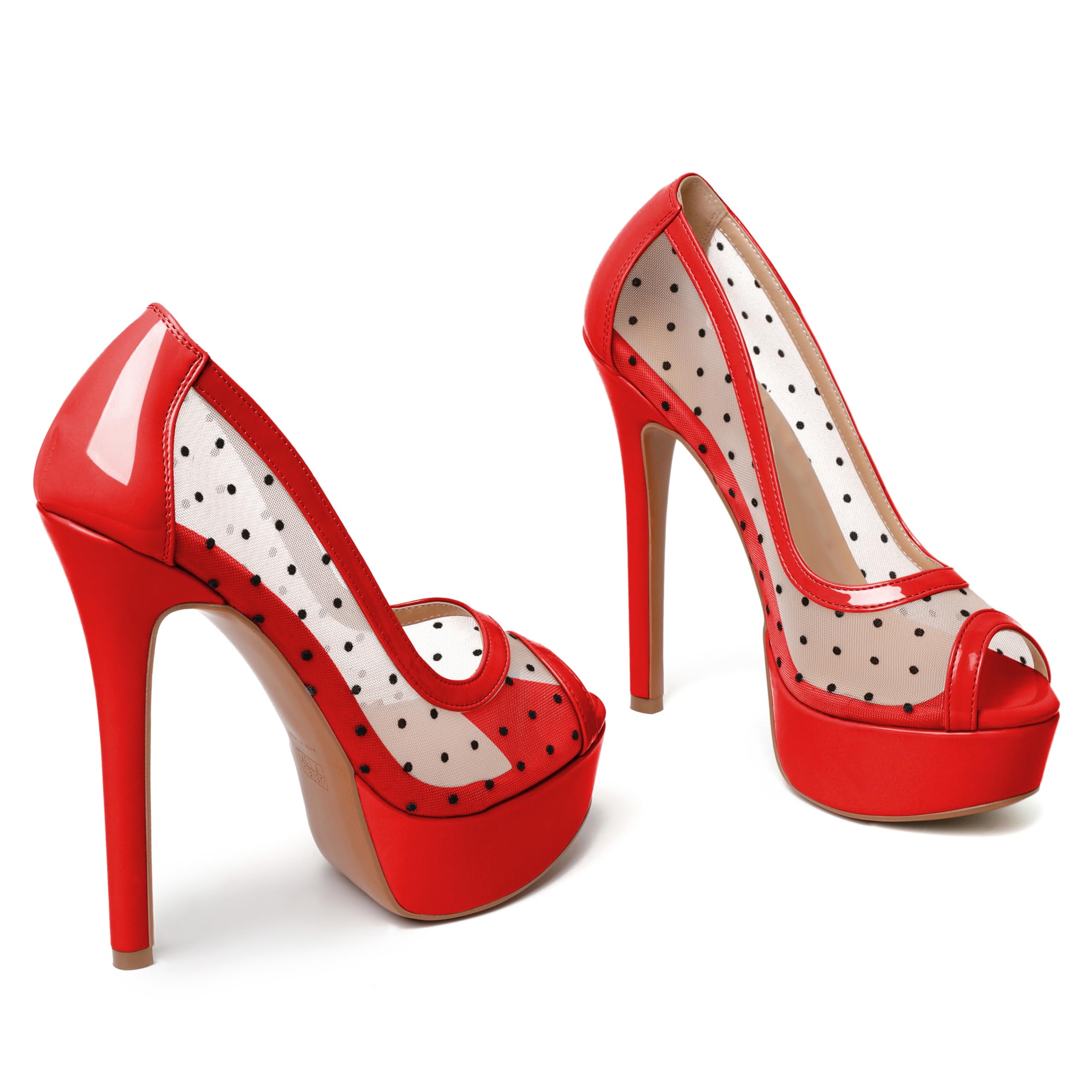 AUMOTED Women's Peep Toe High Heel Platform Stiletto Pumps Slip On Patent Mesh Polka Dot Heels 5.5" Party Wedding Dress Shoes: 7.5 Red
