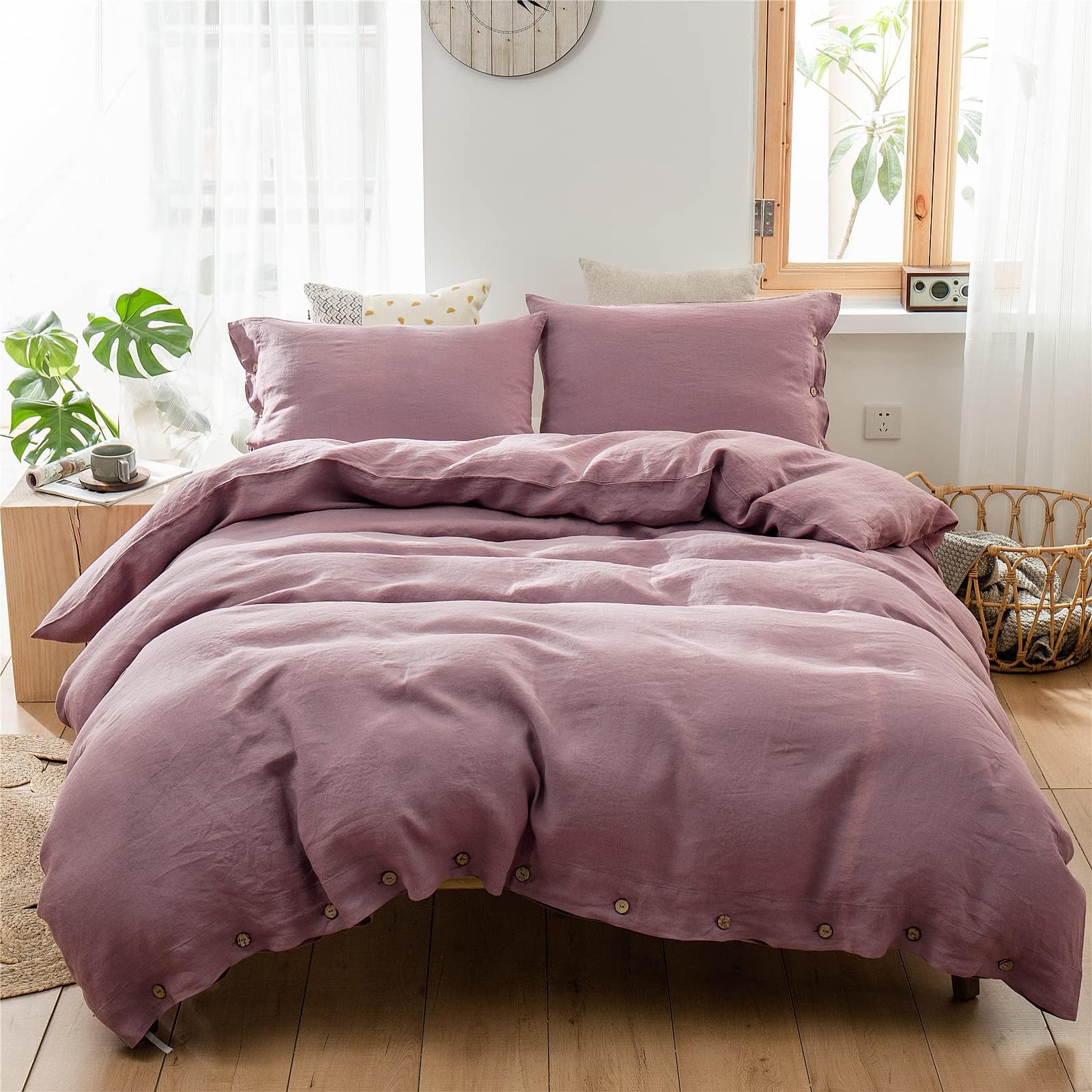 Simple&Opulence 100% Linen Duvet Cover Set 3pcs with Coconut Button Closure Natural French Washed Flax Solid Color Soft Breathable Farmhouse Bedding - Purple, King Size