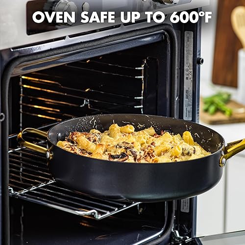 Miniatura 7 de GreenPan Deco - Sartén antiadherente de cerámica anodizada dura de 12 pulgadas con tapa, mango de acero inoxidable dorado, duradero, resistente a