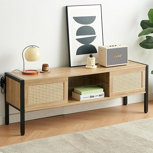 Miniatura 9 de Soporte de TV de madera para TV de más de 65 pulgadas, soporte de televisión bohemio con puertas correderas de ratán natural y estantes ajustables,