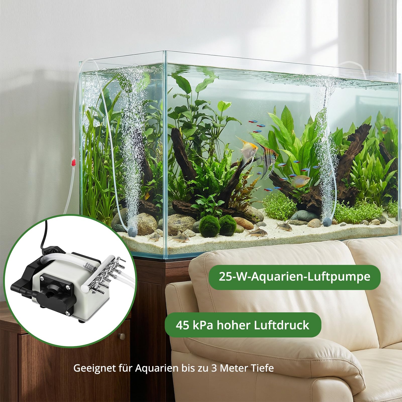 Aquarium Luftpumpe mit 6 Ausgängen – 25 W regelbare Sauerstoffpumpe für Aquarien & Gartenteiche, leiser Belüfter mit Magnetantrieb, bis 3 m Tiefe, 55 l/min (3300 l/h)