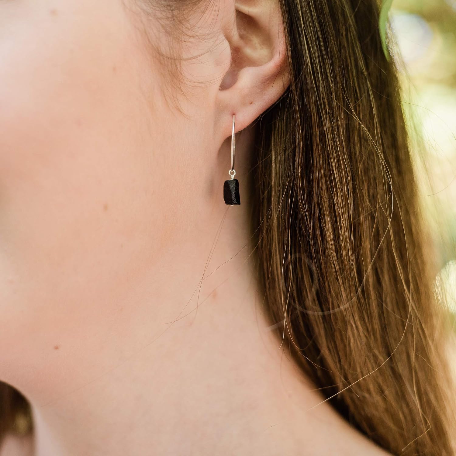 Luna Tide Black Tourmaline Raw Nugget Hoop Earrings in Sterling Silver