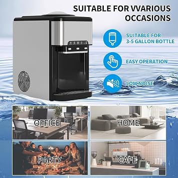 TABU Countertop 3-in-1 Water Dispenser with 44LBS/24H Ice Maker | 3 Temp Settings-Hot, Cold & Room Water,4LBS Storage, for 3 or 5 Gallon Bottles, Child Safety Lock for Home and Office Use