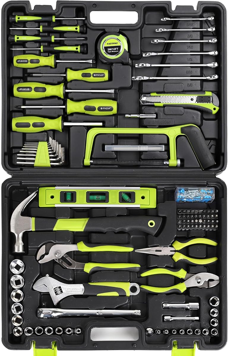 FASTPRO 198-Piece Home Repairing Tool Set with Tool Box | Mechanics Hand Tool Kit, 3/8" & 1/4" SAE Socket and Wrench Set, For DIY, Home Repair & Maintenance, Gifts