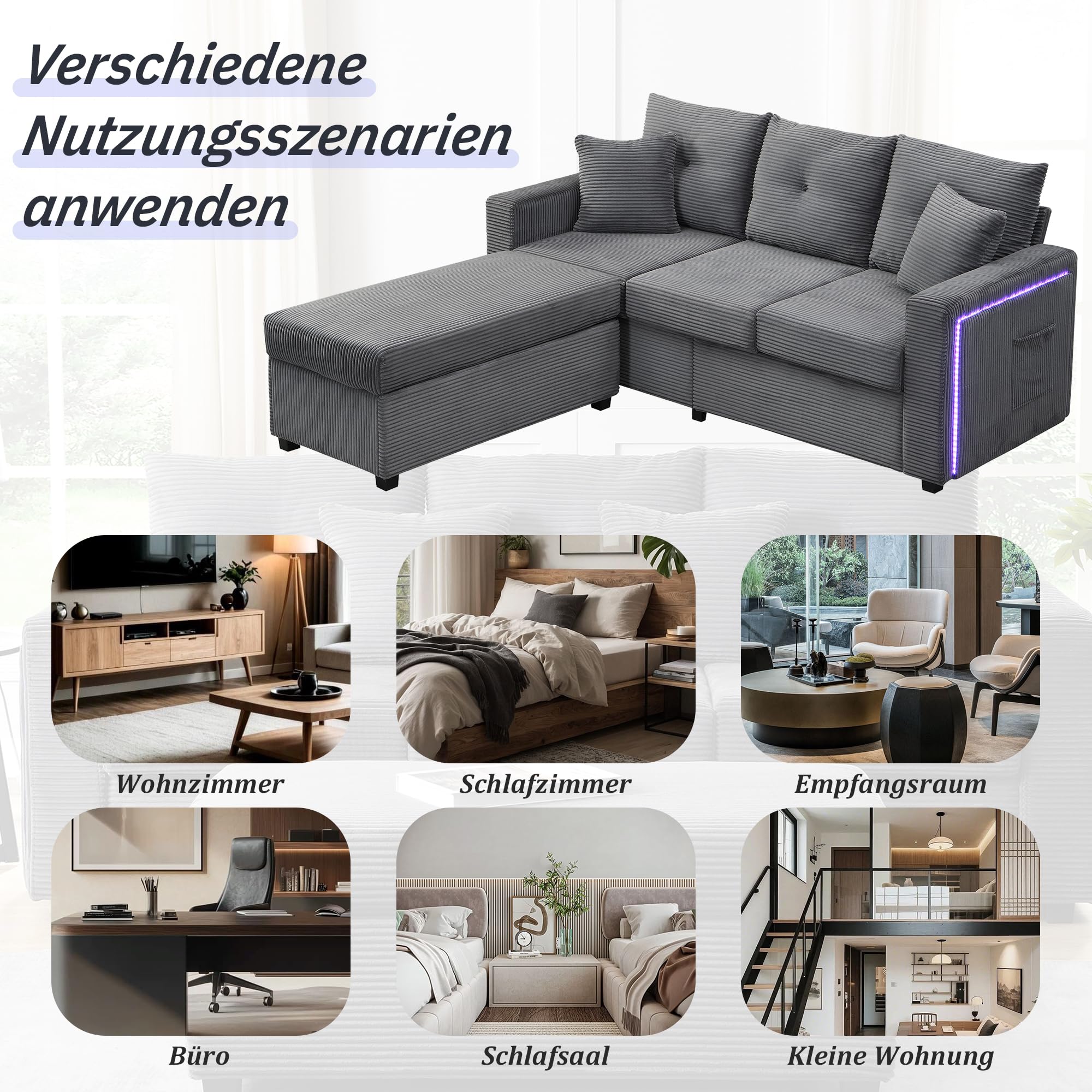 Divano angolare modulare a forma di L in tessuto a coste, divano con funzione letto, divano con illuminazione a LED, tasche laterali, sgabello regolabile e 2 cuscini, per soggiorno e camera da