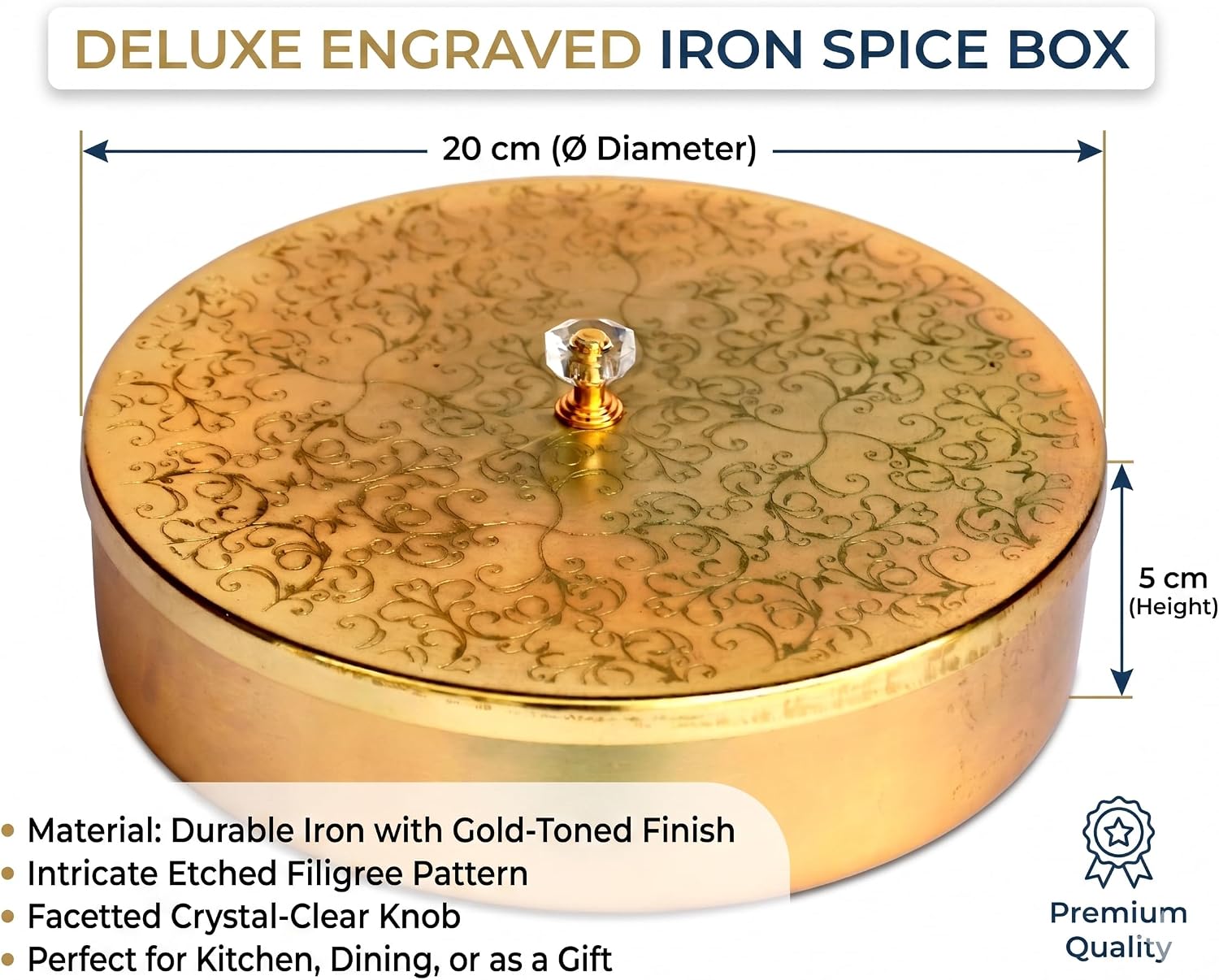 KLEO Masala Box with 7 Bowls & 1 Spoon | Round Spice Storage Container with Designer Lid | Kitchen Masala Dani for Indian Spices | 20 cm Diameter | Golden Finish