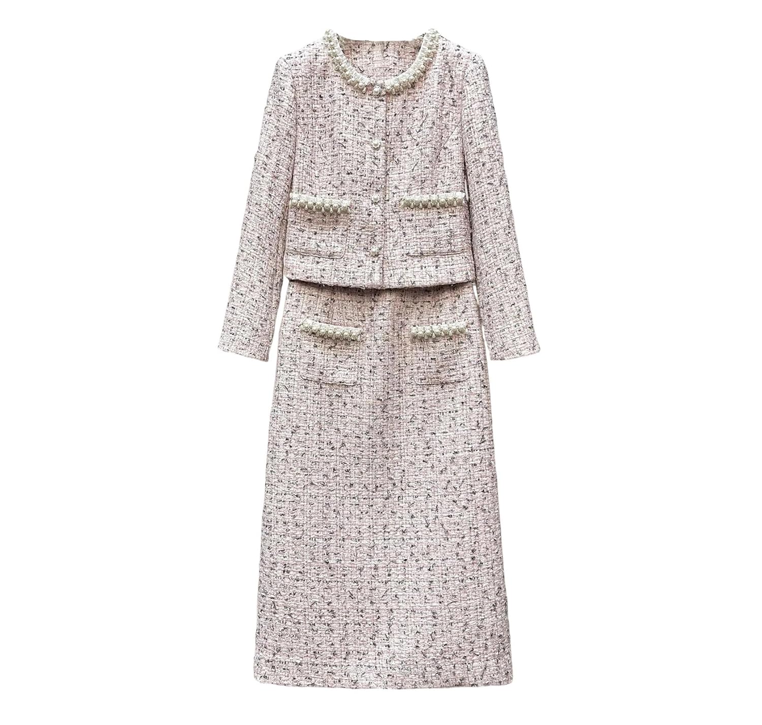 Womens Tweed Round Neck Blazer and Split A-Line Skirt Elegant Two Piece Set Fashion Business Outfit Formal Wear