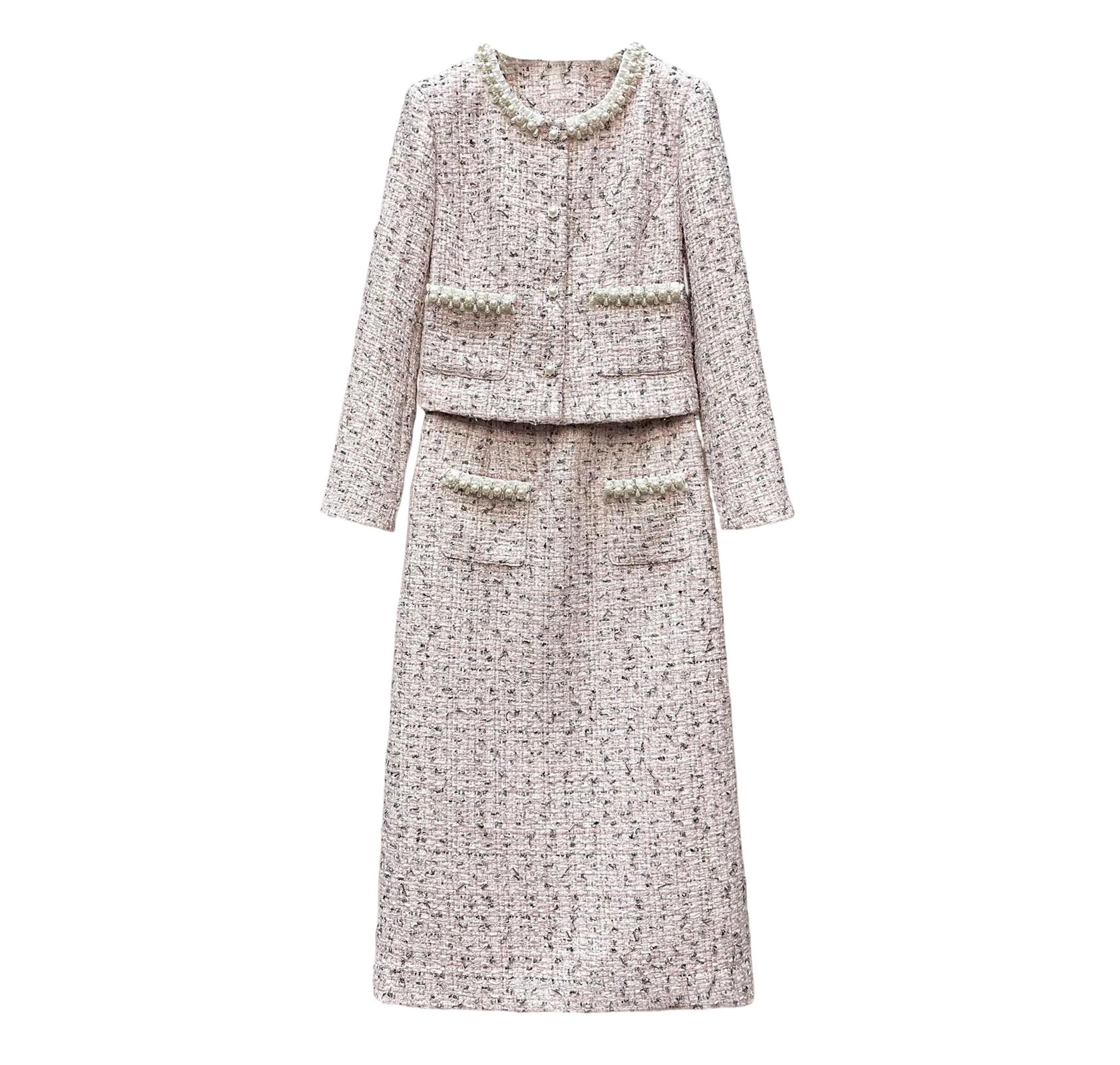 Womens Tweed Round Neck Blazer and Split A-Line Skirt Elegant Two Piece Set Fashion Business Outfit Formal Wear
