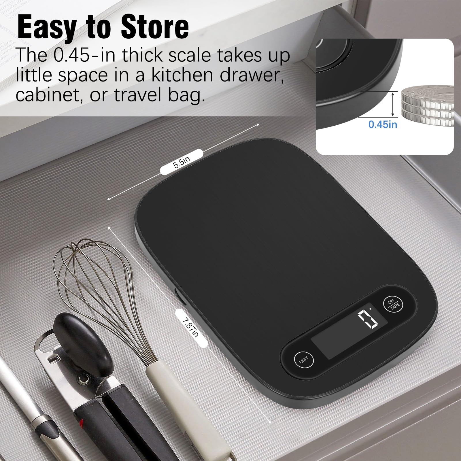 Báscula digital de cocina con pantalla LCD de 5 unidades y función de tara, diseño compacto para hornear, cocinar saludable, preparación de comidas, 11 libras de acero inoxidable (negro)