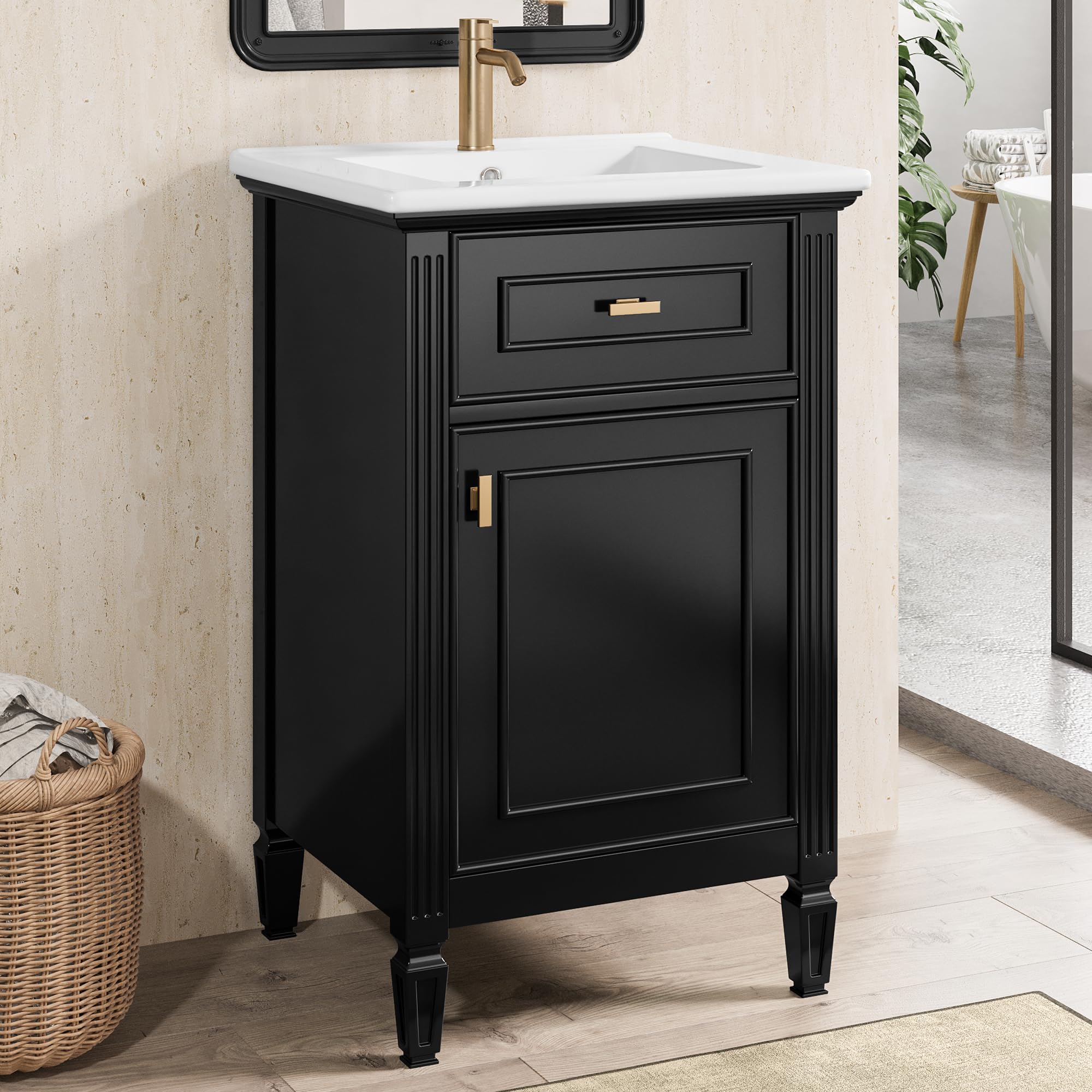 20-Inch Bathroom Vanity with Sink, Solid Wood Legs, Adjustable Shelf, Tilt-Out Drawer, Zinc Alloy Knobs, Modern Freestanding Cabinet for Small Bathroom (Black)