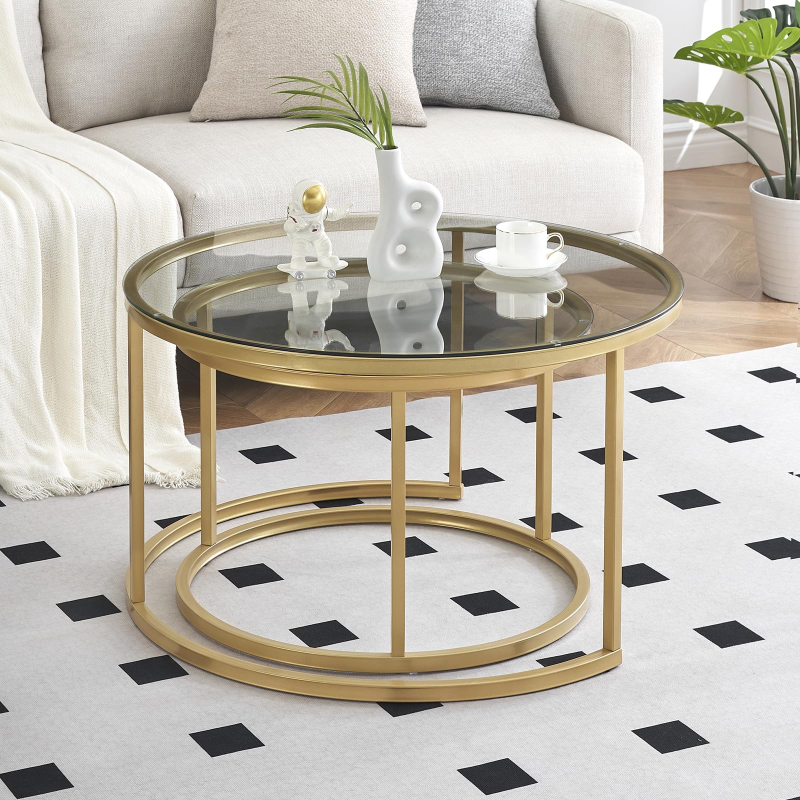 Mesas de centro doradas, mesa de café de cristal con estructura metálica dorada, juego de 2 unidades, mesa de salón redonda, mesa de salón, mesa para el sofá, 80 x 80 x 45 y 60 x 60 x 35 cm